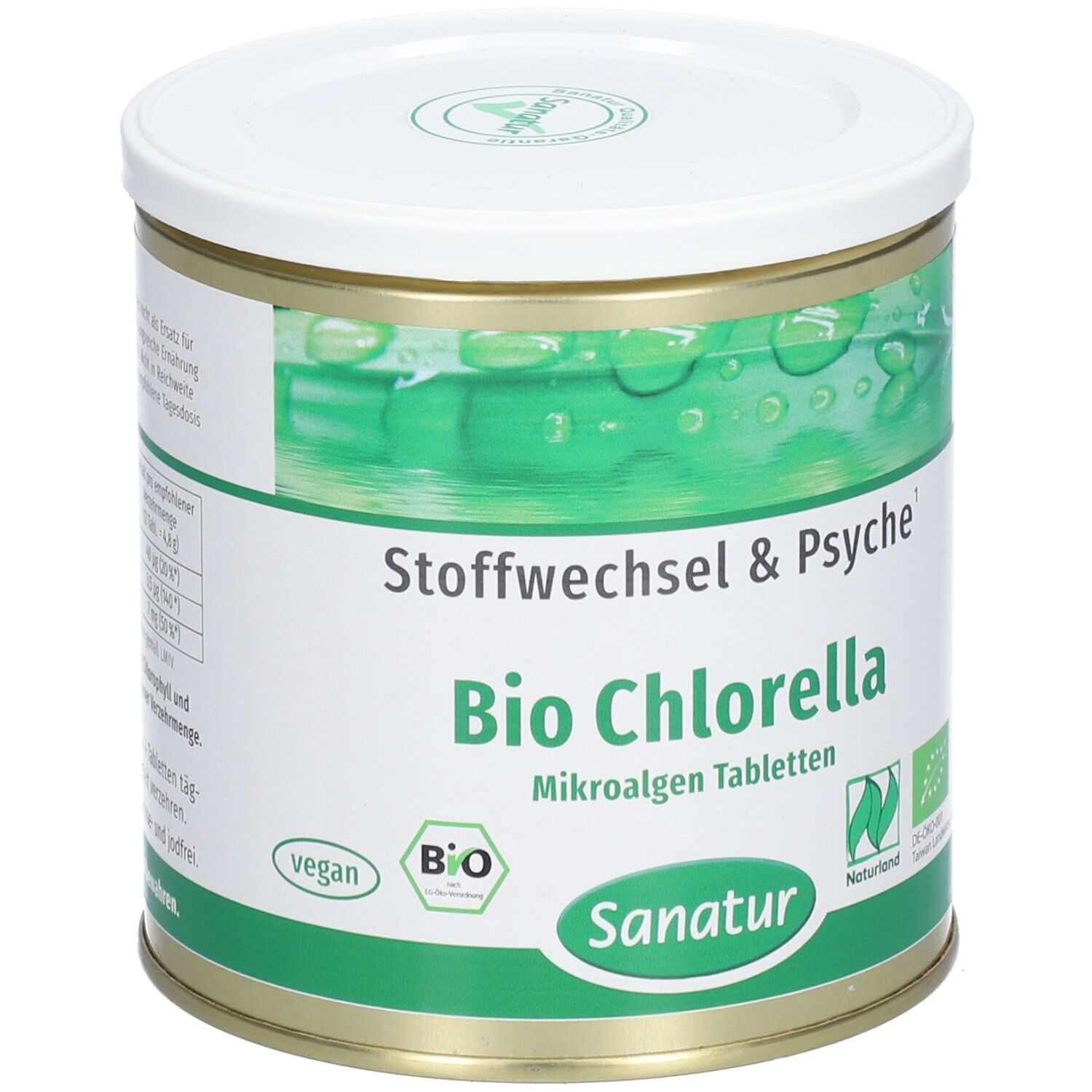Runde Dose mit weißem Deckel. Aufschrift: Bio Chlorella Mikroalgen Tabletten. Sanatur-Logo. Vegan- und Bio-Siegel. Dose aus Metall.
