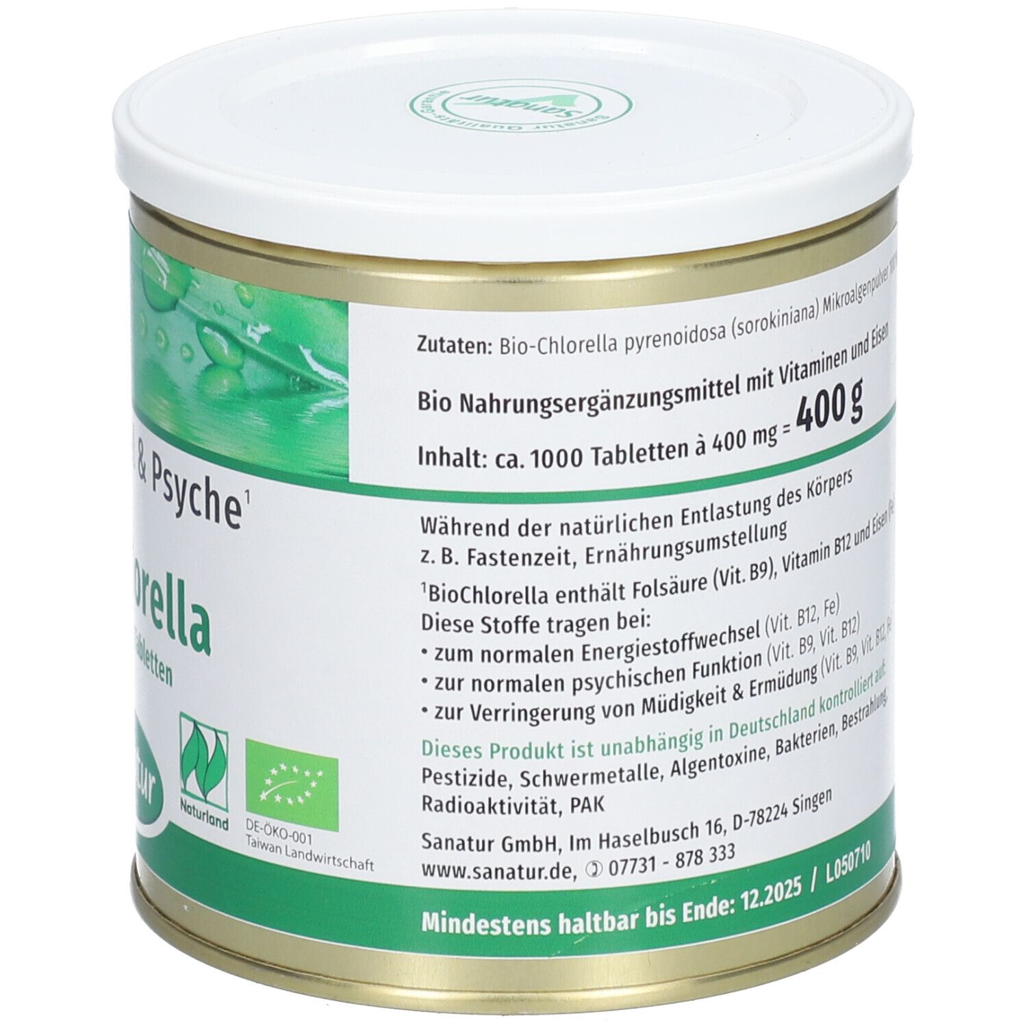 Dose mit weißem Deckel. Aufschrift: Nahrungsergänzungsmittel mit Vitaminen und Eisen. Inhalt: ca. 1000 Tabletten. Bio-Siegel. Dose aus Metall.
