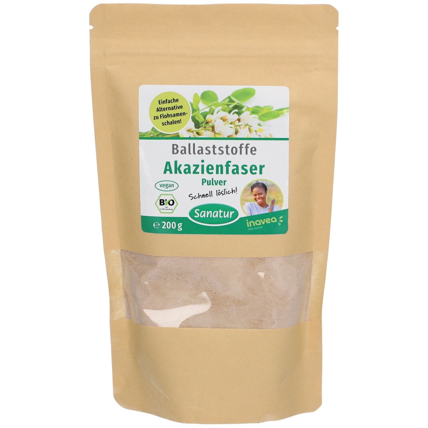 Sachet de poudre BIO Akazienfaser Sanatur. Fenêtre transparente, étiquette verte avec informations produit, vegan, label bio. Contenu: 200 g.