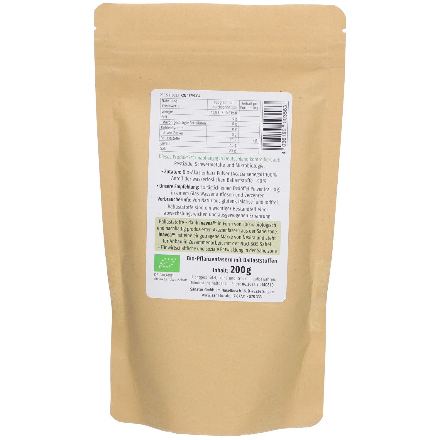 Dos du paquet de poudre BIO Akazienfaser Sanatur. Texte avec informations nutritionnelles, ingrédients, recommandations et label bio. Contenu: 200 g.