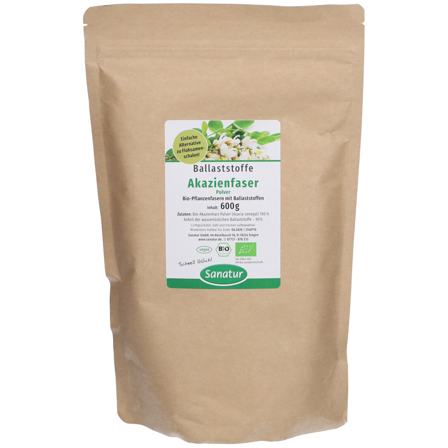 Beutel BIO Akazienfaser Pulver, 600g. Vorderseite mit Etikett: Produktname, Bio-Siegel, Sanatur.