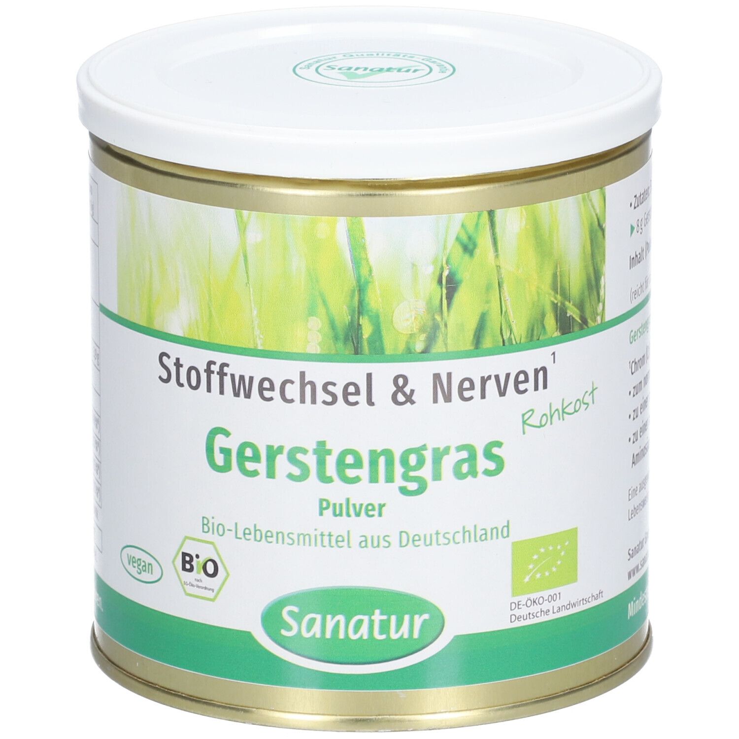 Runde Dose mit weißem Deckel. Aufschrift: Gerstengras Pulver, Bio-Lebensmittel. Sanatur Logo und Bio-Siegel.