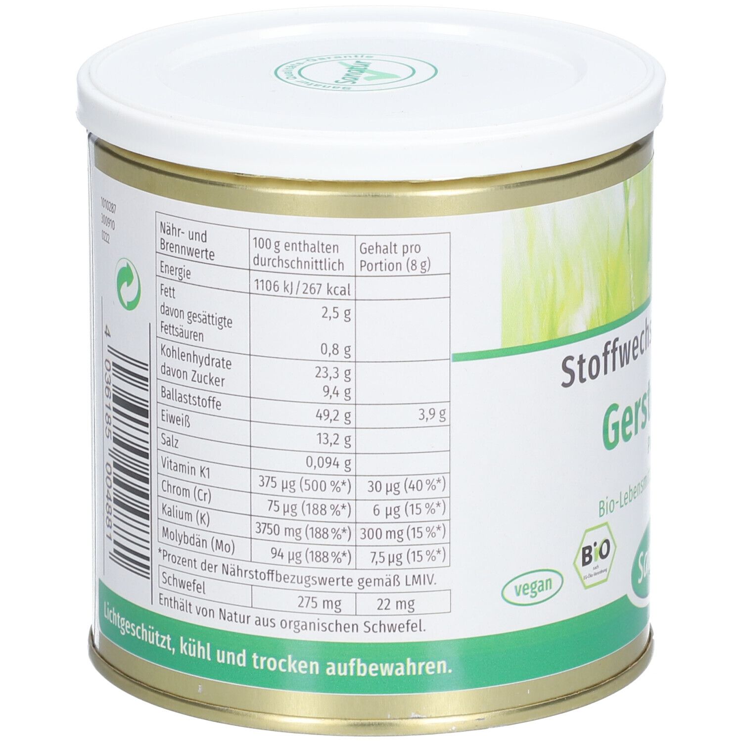 Dose mit Nährwerttabelle. Angaben zu Nährwerten pro 100g und pro Portion. Enthält Vitamin K1, Chrom, Kalium, Molybdän und Schwefel.