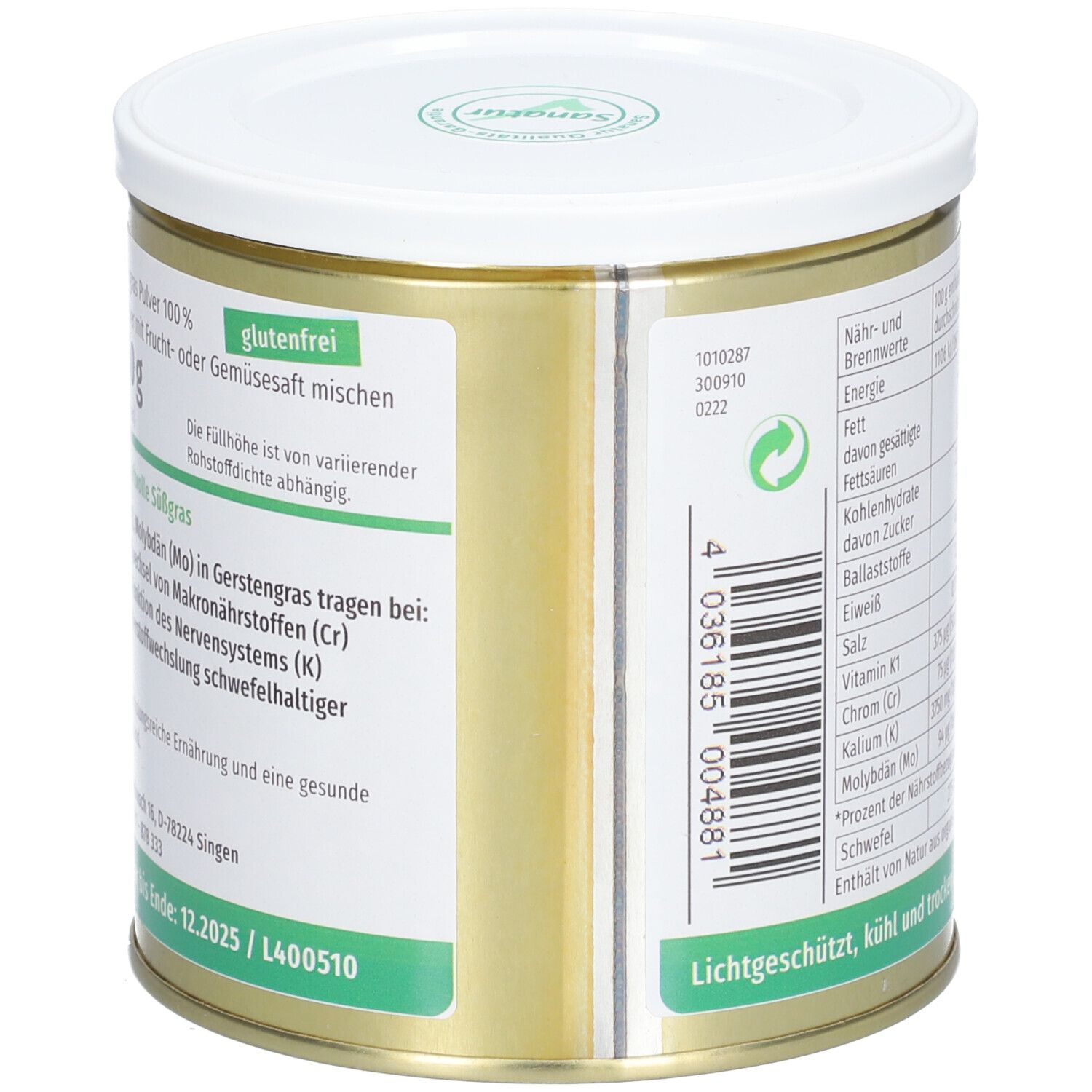 Dose mit Barcode und Angaben. Glutenfrei. Hinweise zur Zubereitung. Mindesthaltbarkeitsdatum: 12.2025.