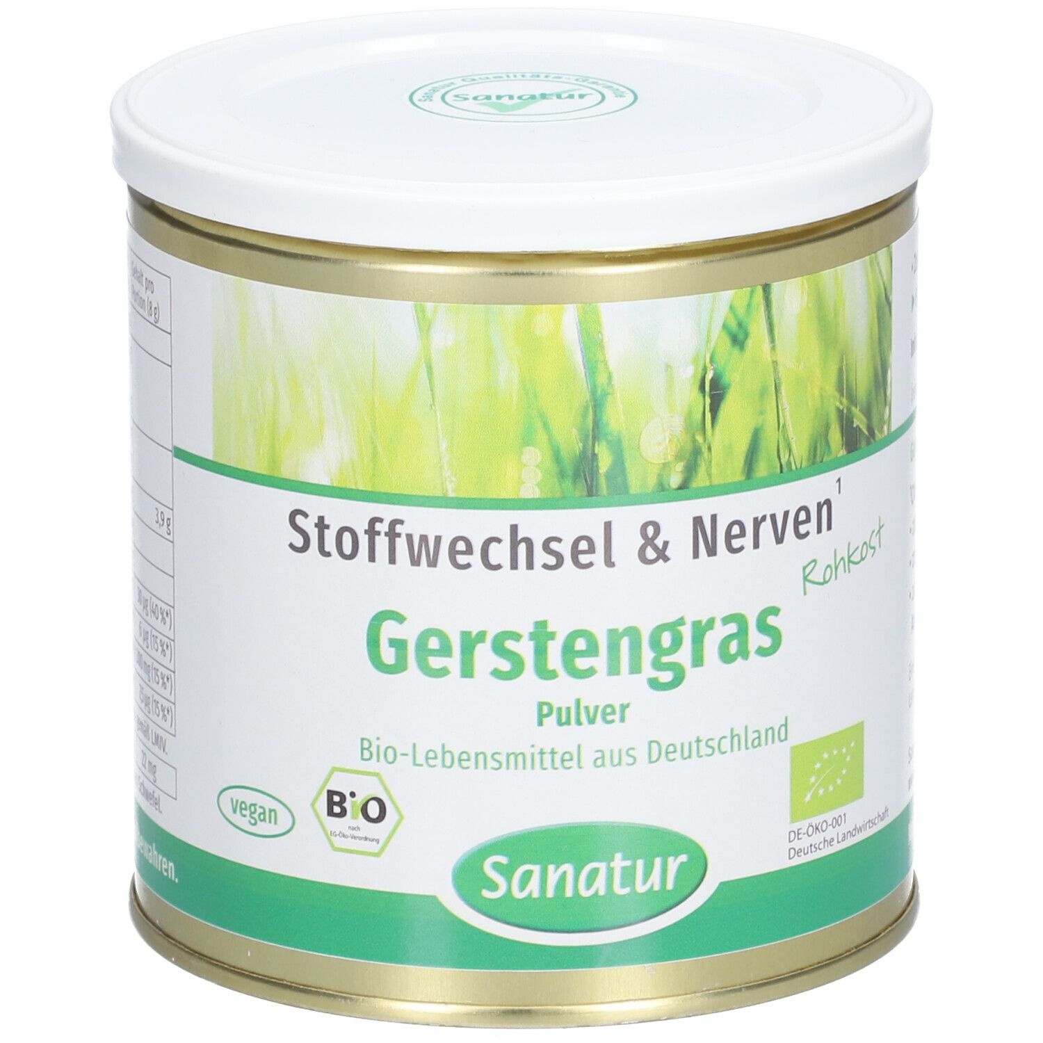 Runde Dose mit weißem Deckel. Aufschrift: Gerstengras Pulver, Bio-Lebensmittel. Sanatur Logo und Bio-Siegel.