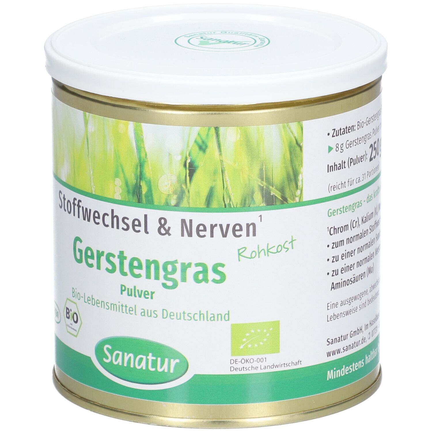 Dose mit Aufschrift: Gerstengras Pulver, Rohkost. Enthält Zutaten und Hinweise. Sanatur Logo und Bio-Siegel.