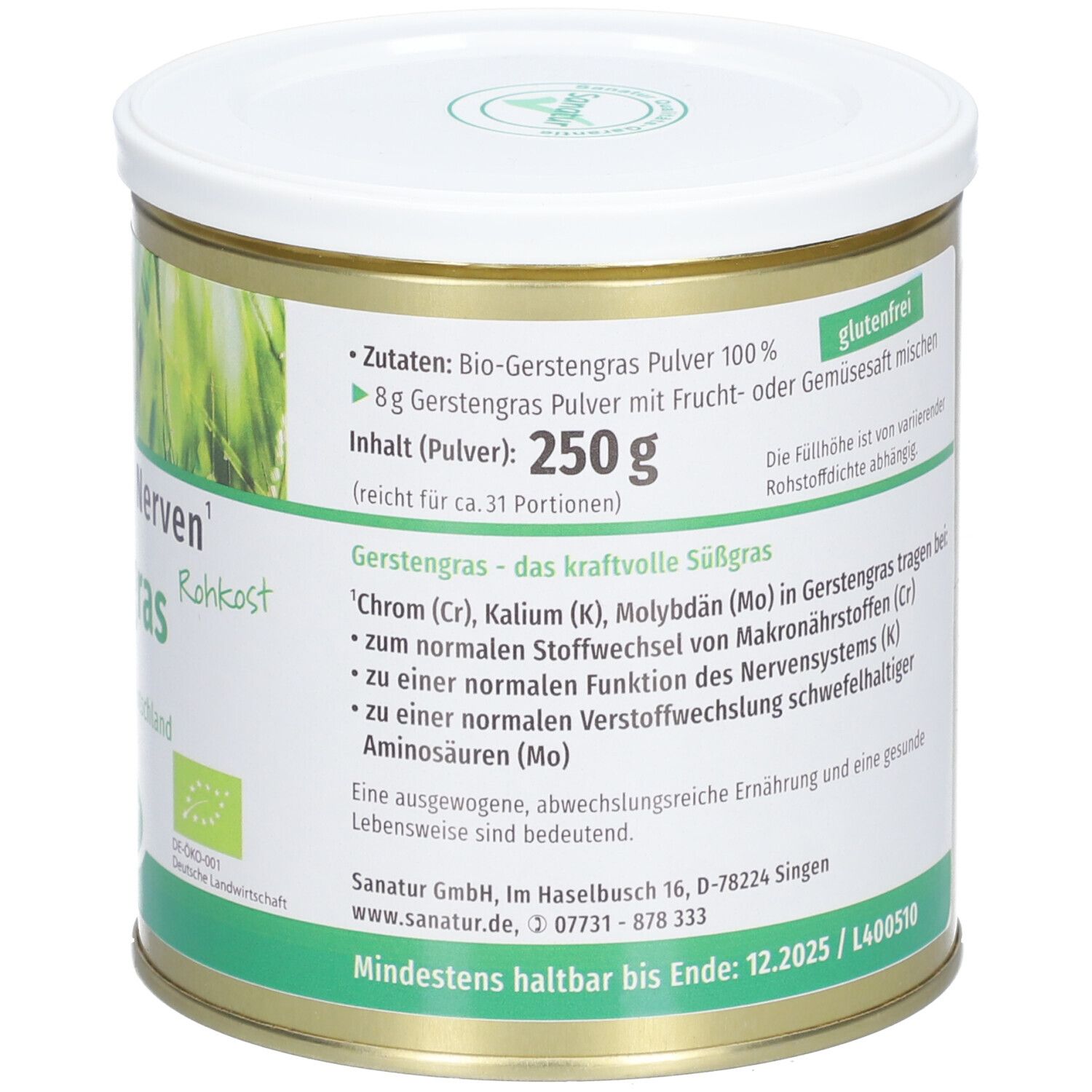 Dose mit Aufschrift: Gerstengras Pulver, Rohkost. Enthält Zutaten und Hinweise. Glutenfrei. Mindesthaltbarkeit bis 12.2025.