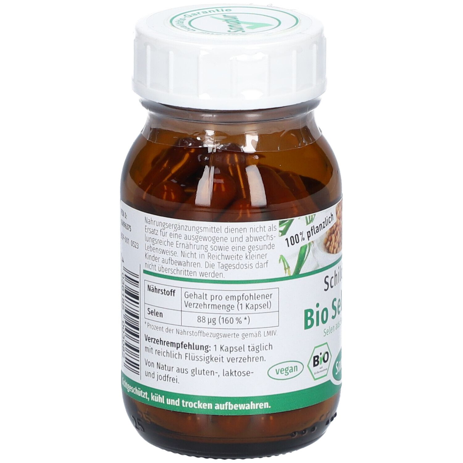 Braune Glasflasche mit weißem Deckel. Rückseite mit Informationen. Aufschrift: Bio Selen Plus. Vegan-Siegel.