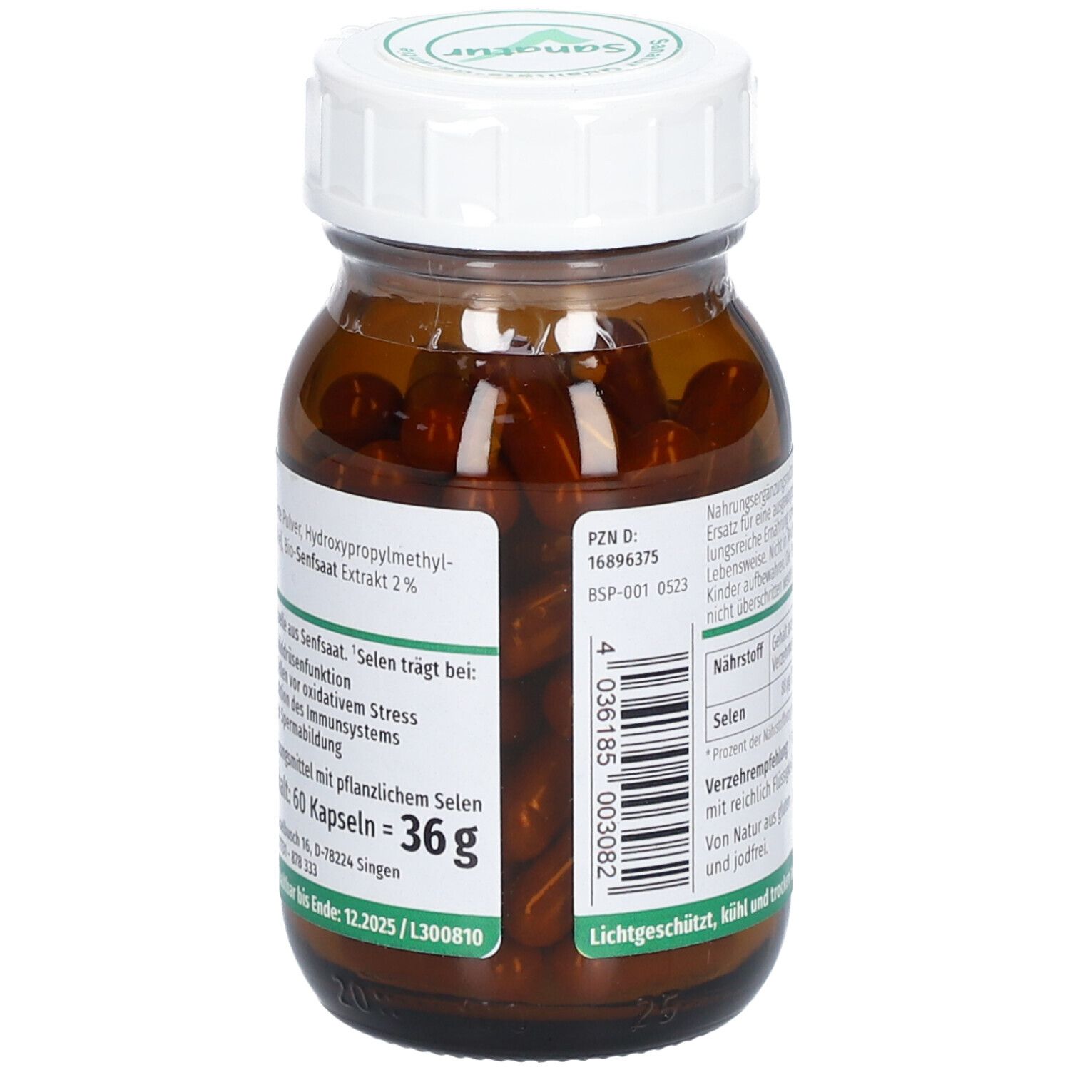 Braune Glasflasche mit weißem Deckel. Aufschrift: Bio Selen Plus. Enthält 60 Kapseln. Vegan-Siegel. PZN-Nummer.