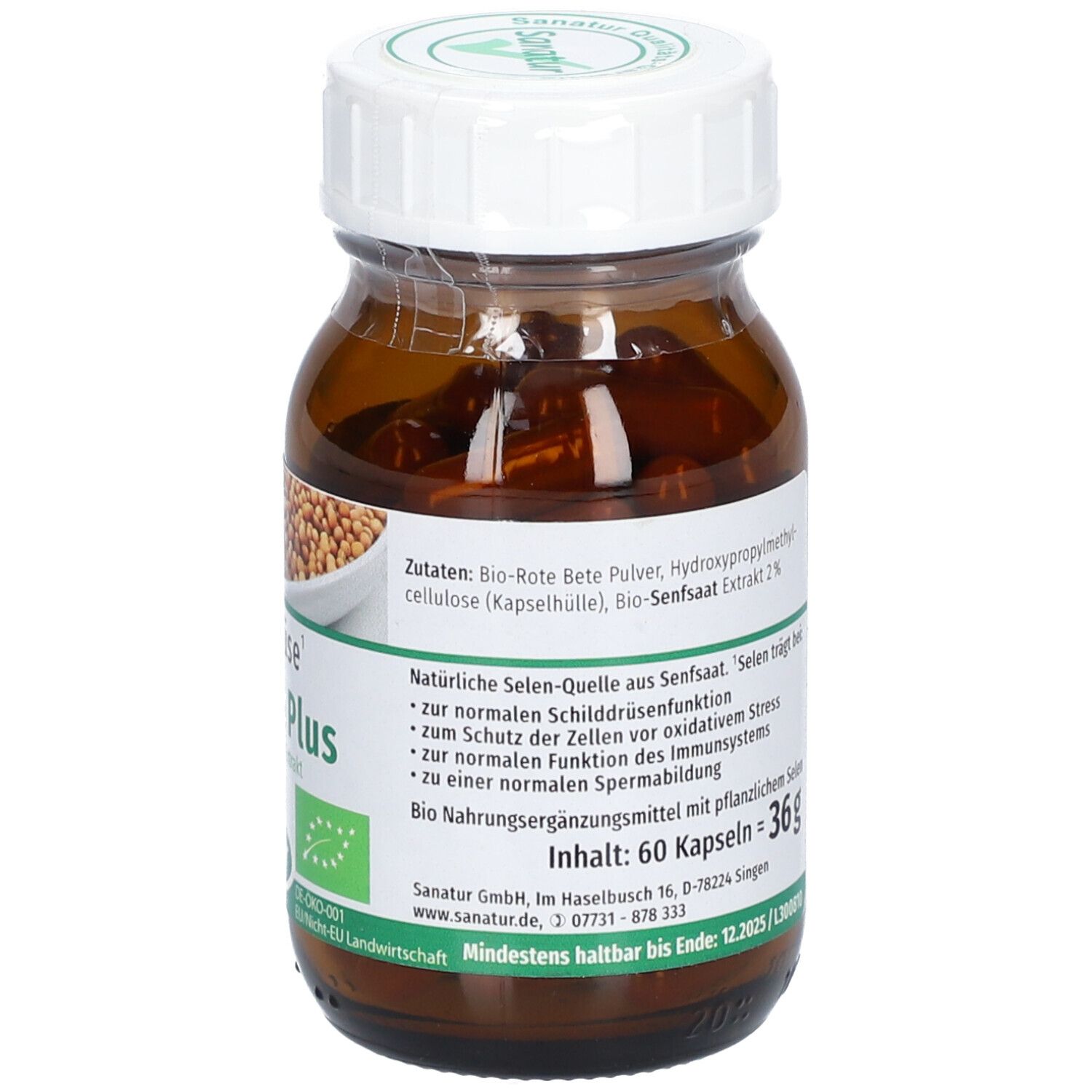 Braune Glasflasche mit weißem Deckel. Aufschrift: Bio Selen Plus. Enthält 60 Kapseln. Bio-Siegel. Vegan-Siegel.