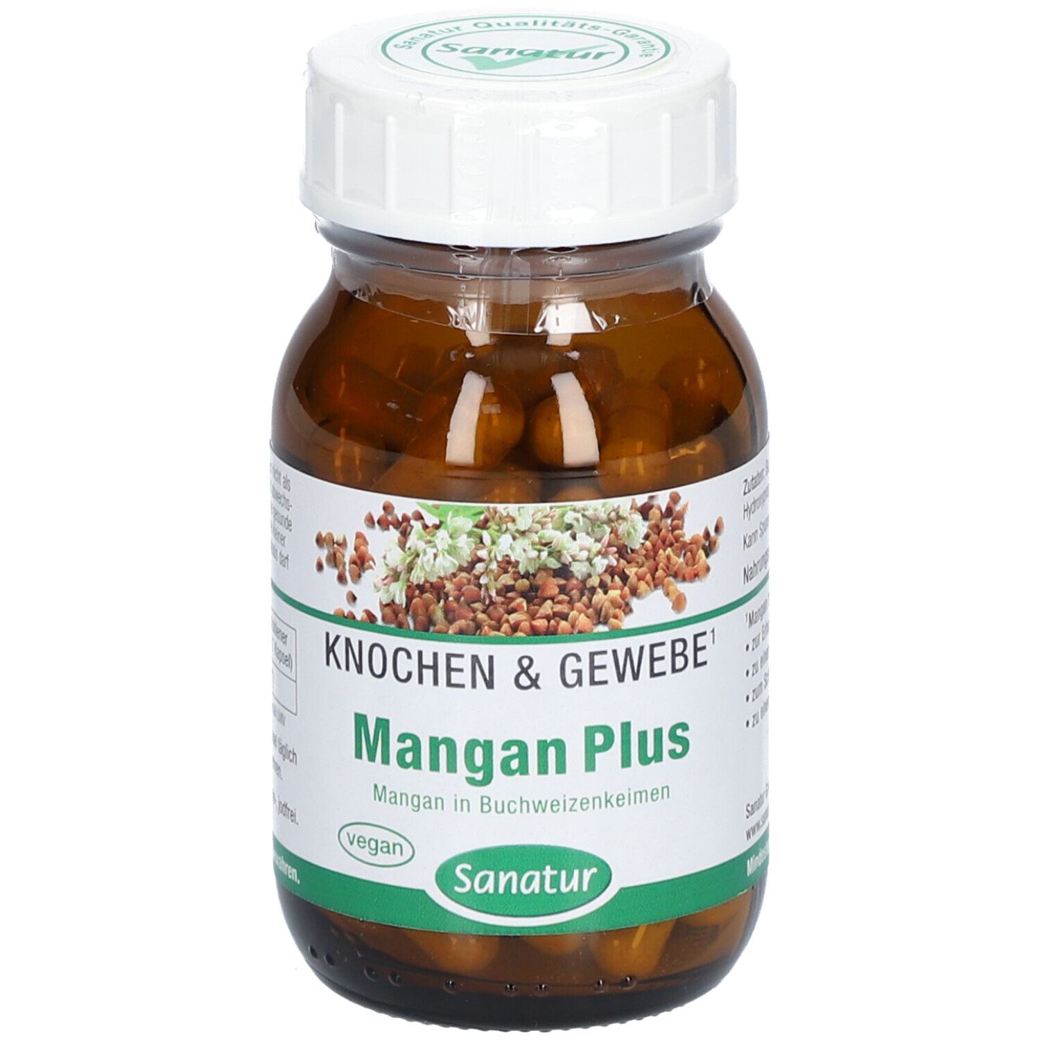 Braune Glasflasche mit Kapseln. Aufschrift: Mangan Plus, Sanatur. Vegan-Siegel. Deckel mit Logo.