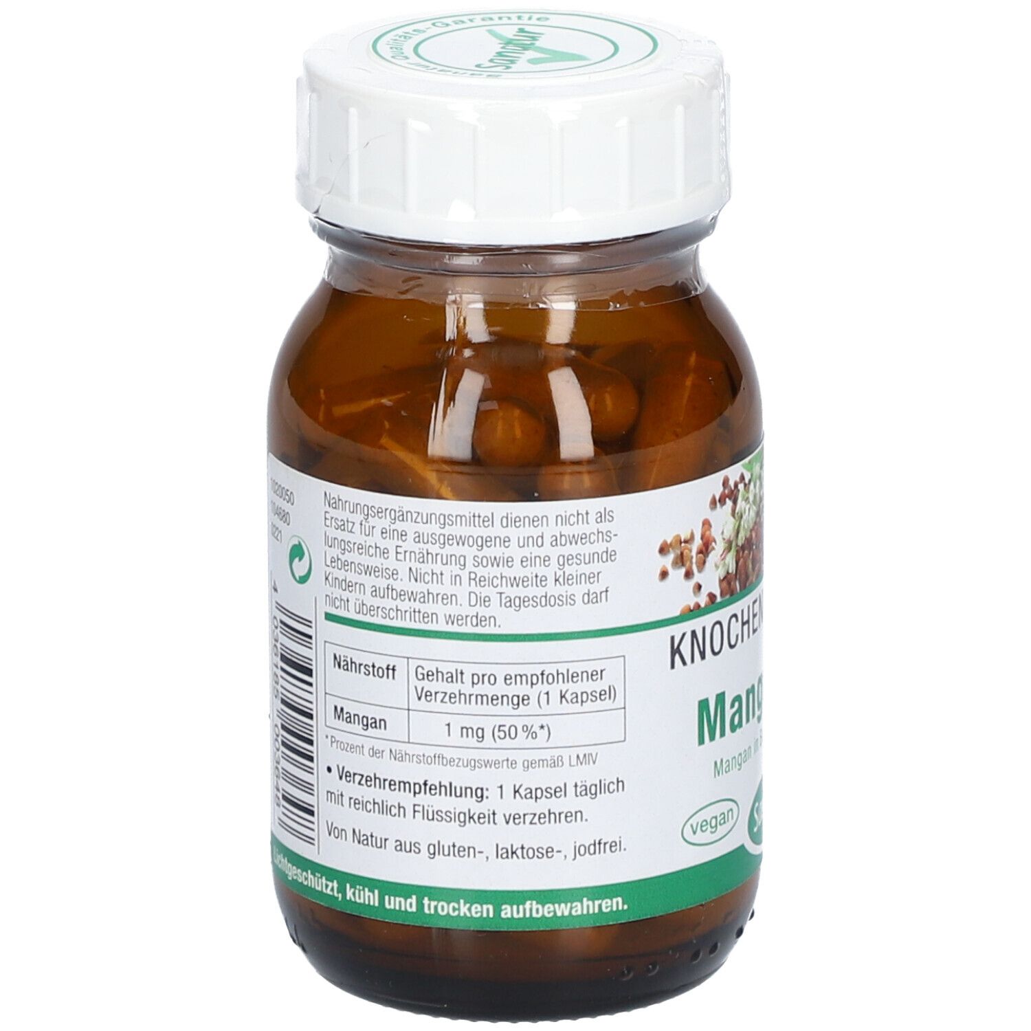 Rückseite der Flasche. Text: Nährstoffangaben, Mangan 1 mg. Vegan-Siegel. Text über gluten-, laktose-, jodfrei.