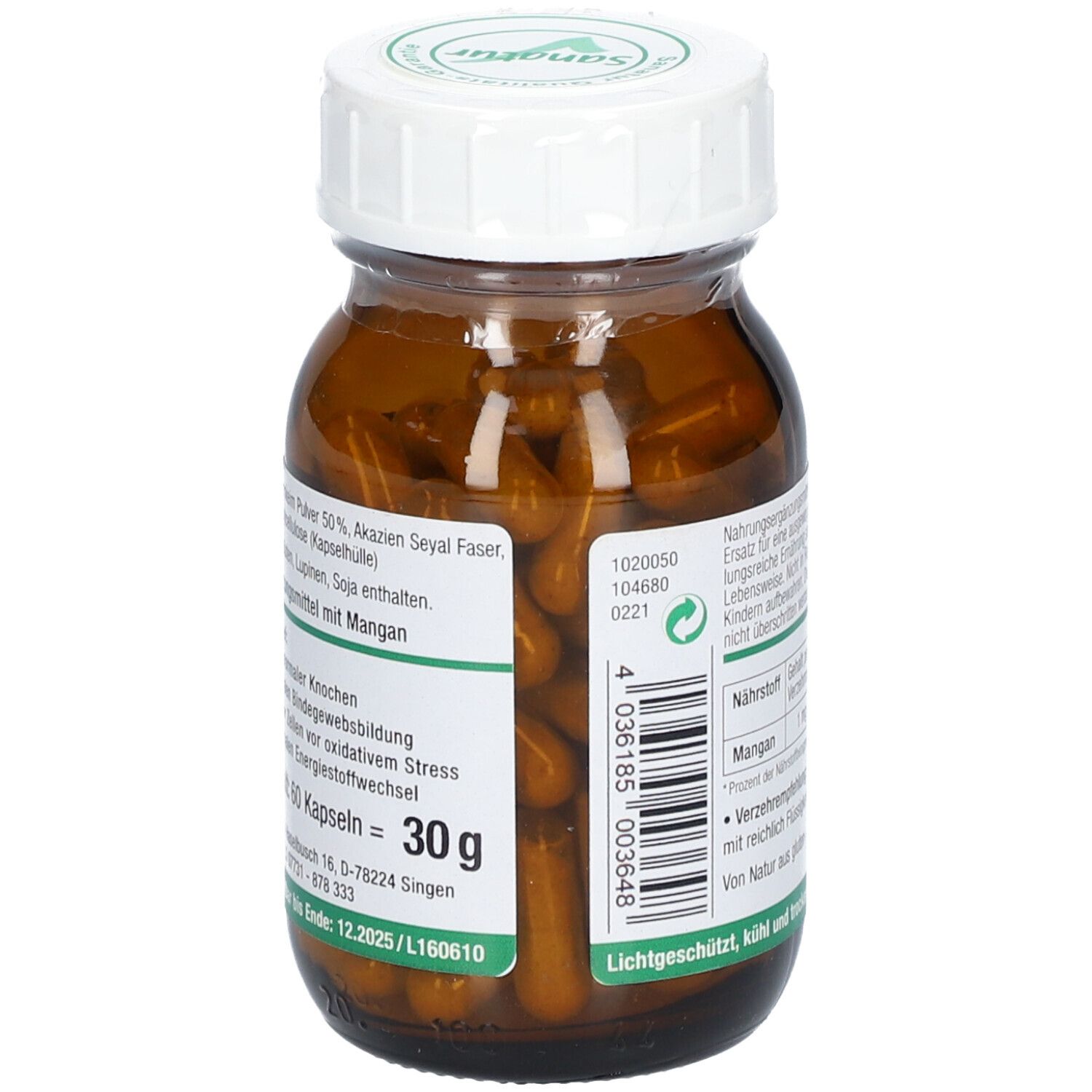 Rückseite der Flasche. Text: 60 Kapseln = 30 g. Barcode. Mindesthaltbarkeit. Zutatenliste.