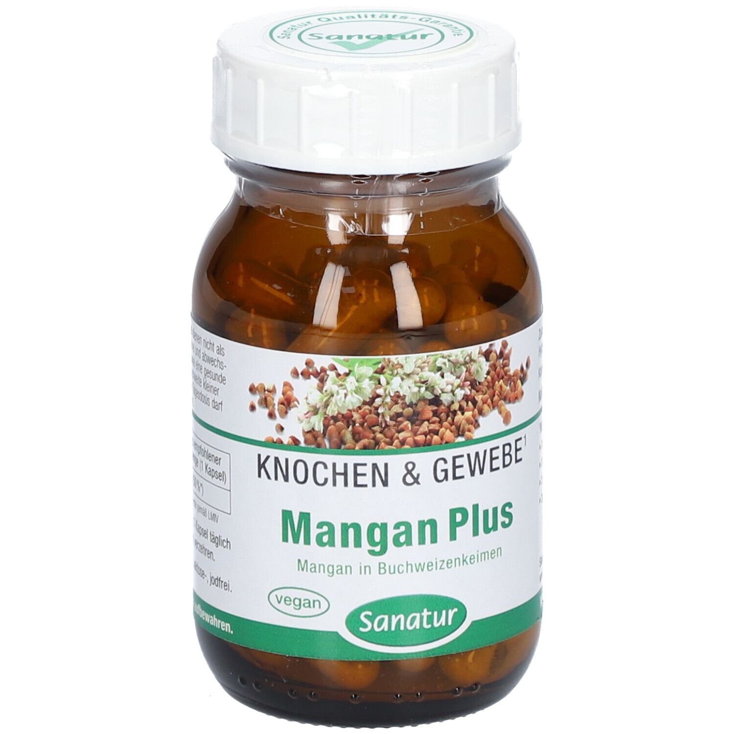 Braune Glasflasche mit Kapseln. Aufschrift: Mangan Plus, Sanatur. Vegan-Siegel. Deckel mit Logo.