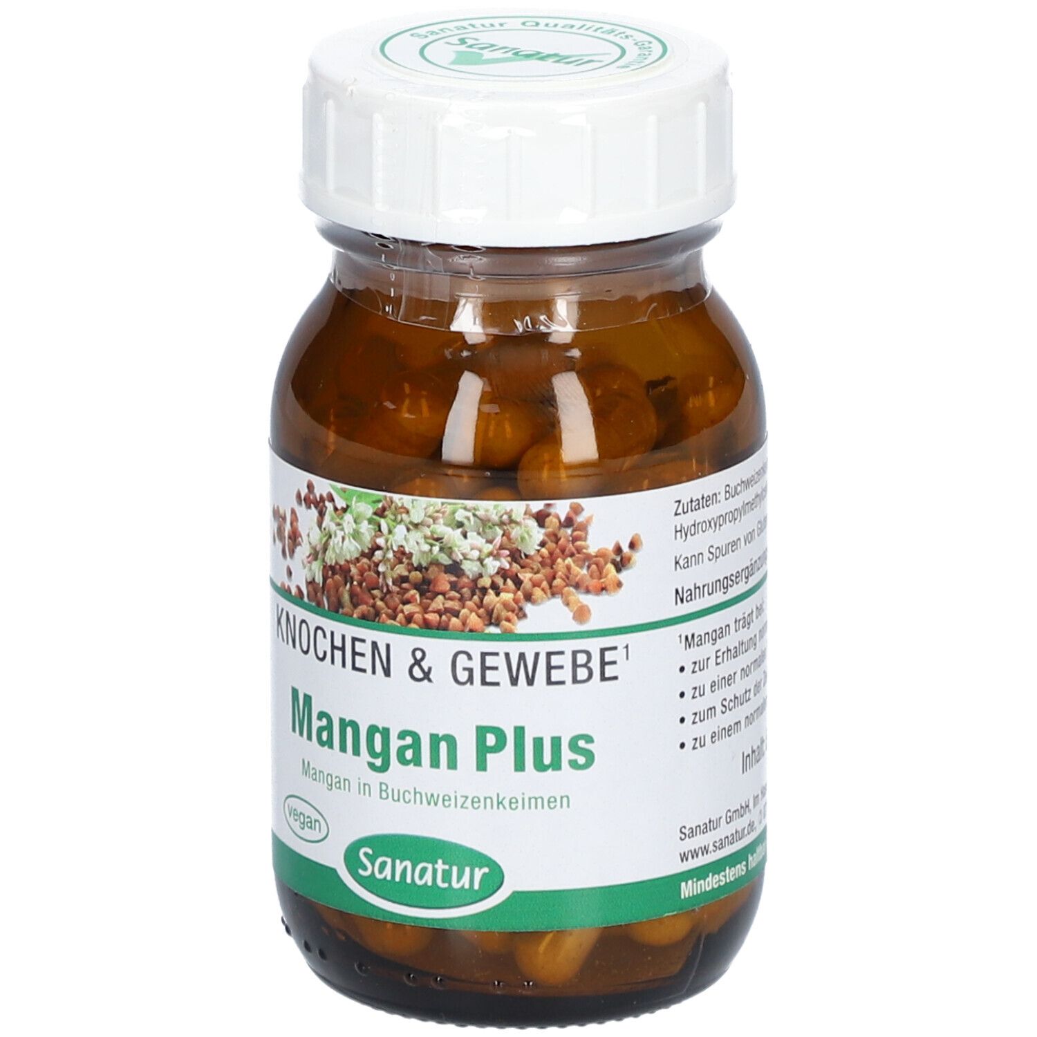 Braune Glasflasche mit Kapseln. Aufschrift: Mangan Plus, Sanatur. Vegan-Siegel. Deckel mit Logo.