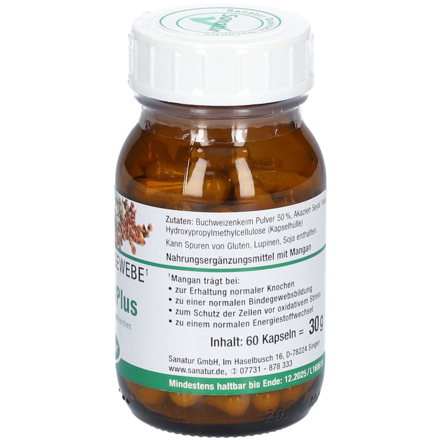 Braune Glasflasche mit Kapseln. Aufschrift: Mangan Plus, Sanatur. Vegan-Siegel. Deckel mit Logo. Inhalt: 60 Kapseln.