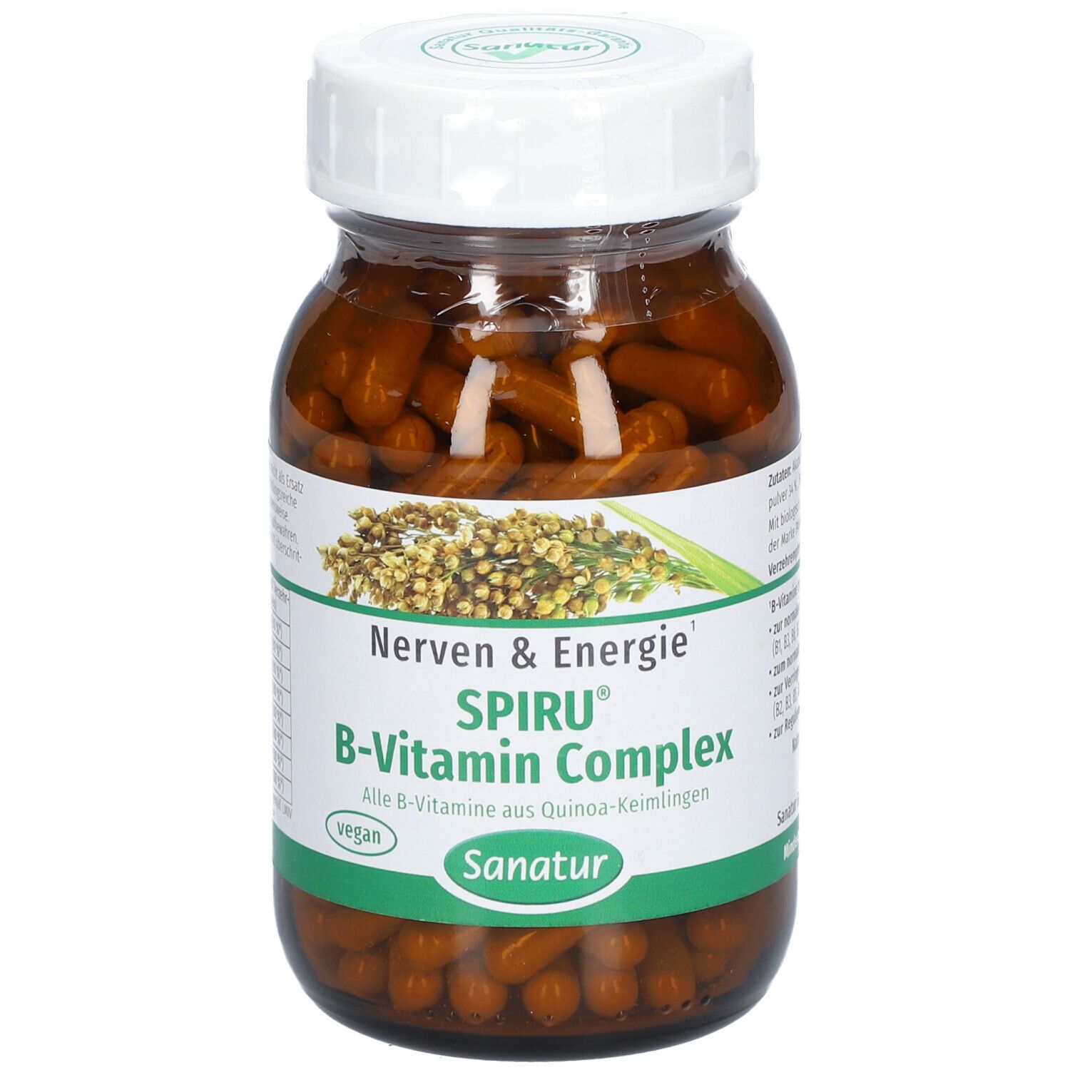 Braune Kapseln in einer Glasflasche mit weißem Deckel. Aufschrift: SPIRU® B-Vitamin Complex, Sanatur, vegan.