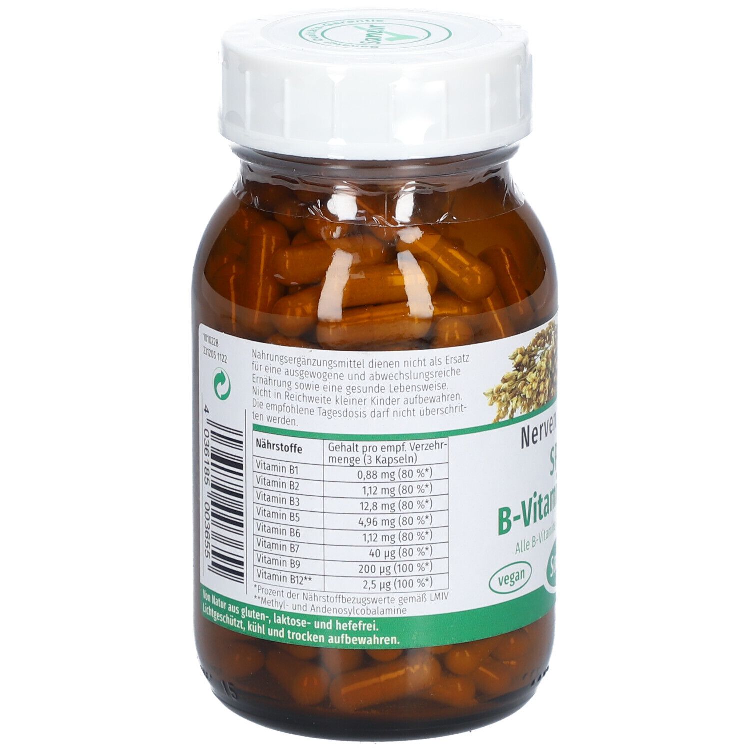 Rückseite einer Glasflasche mit braunen Kapseln. Aufschrift: SPIRU® B-Vitamin Complex, Nährwerttabelle, Sanatur, vegan.