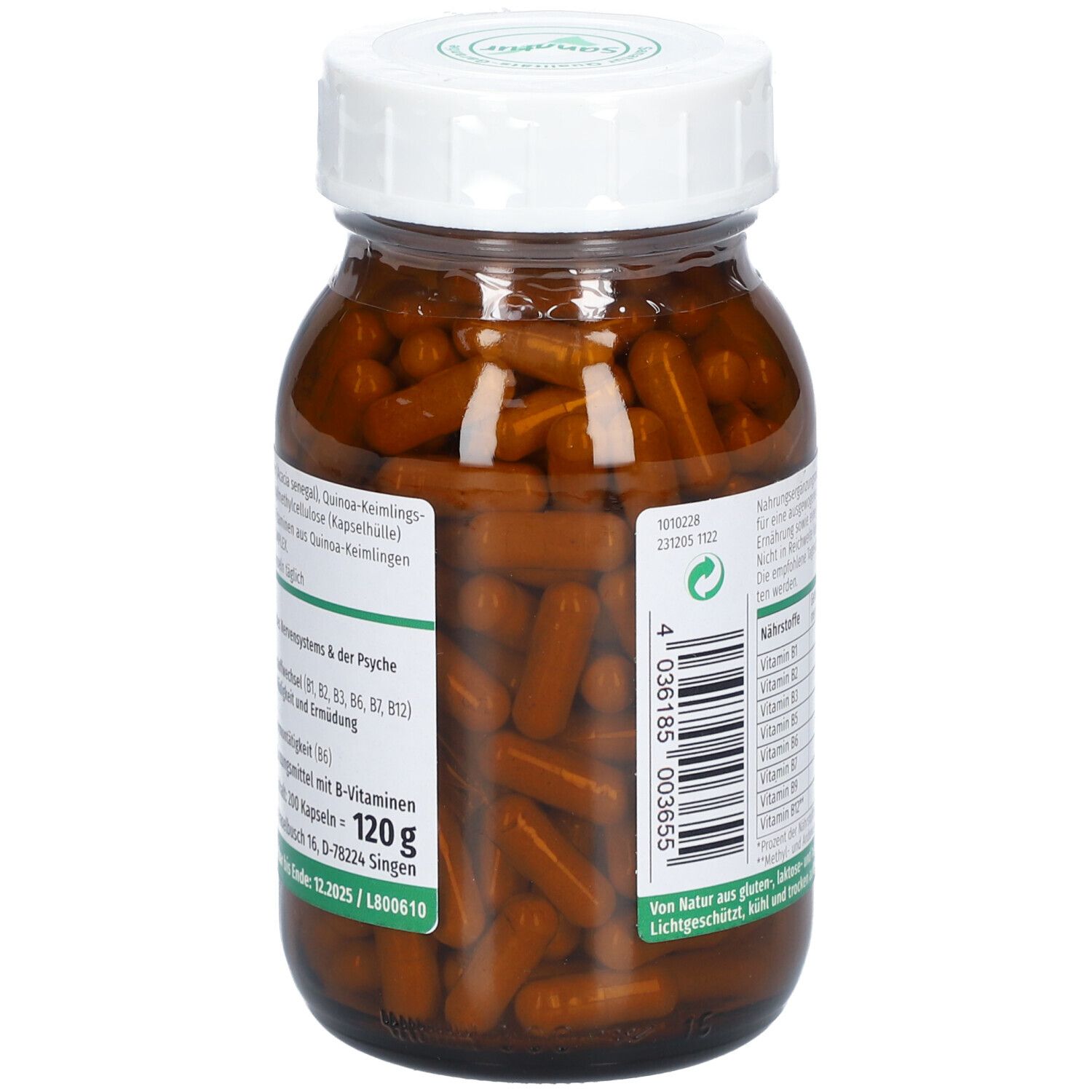 Glasflasche mit braunen Kapseln. Aufschrift: SPIRU® B-Vitamin Complex, 120 g, Sanatur. Barcode und weitere Informationen.