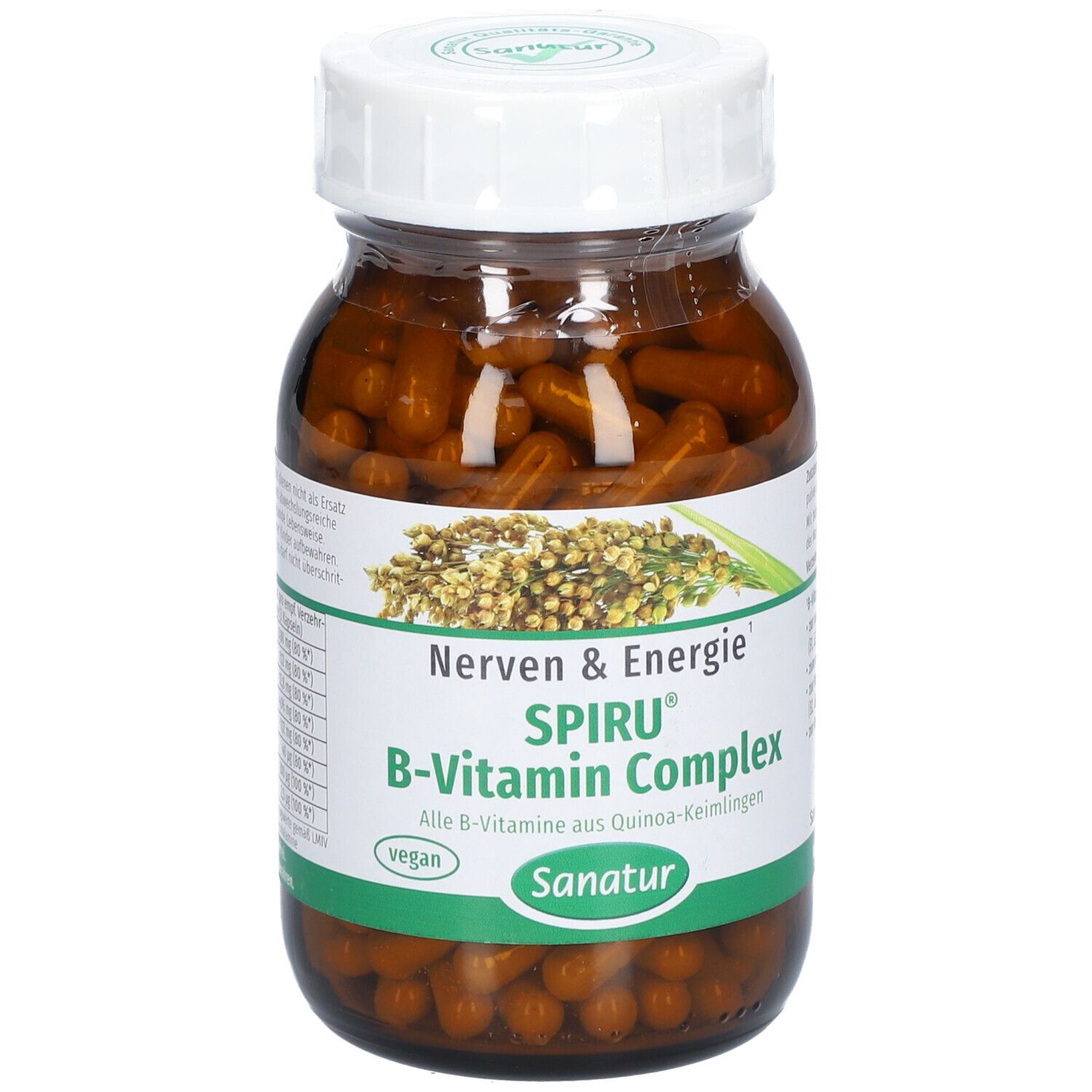 Glasflasche mit braunen Kapseln. Aufschrift: SPIRU® B-Vitamin Complex, Sanatur, vegan.