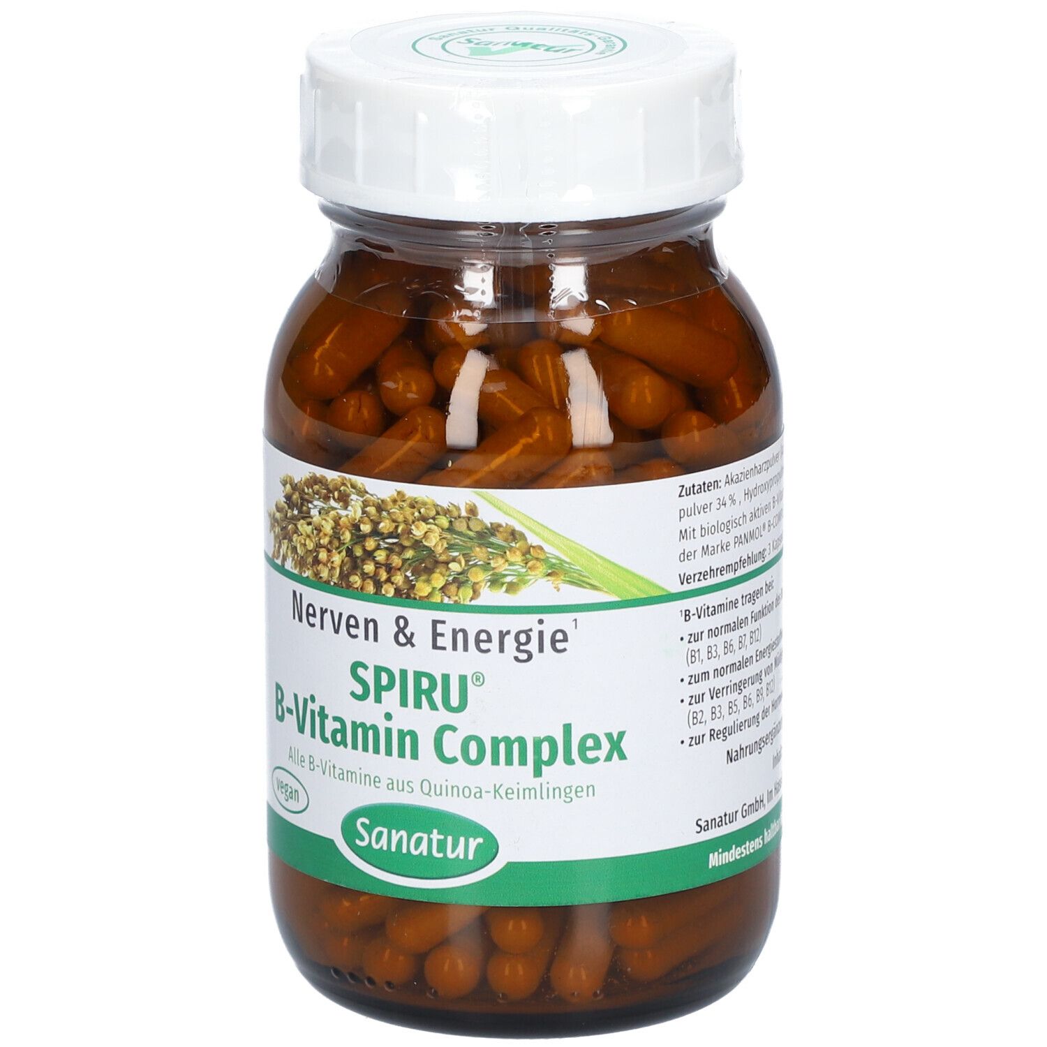 Glasflasche mit braunen Kapseln. Aufschrift: SPIRU® B-Vitamin Complex, Sanatur, vegan.