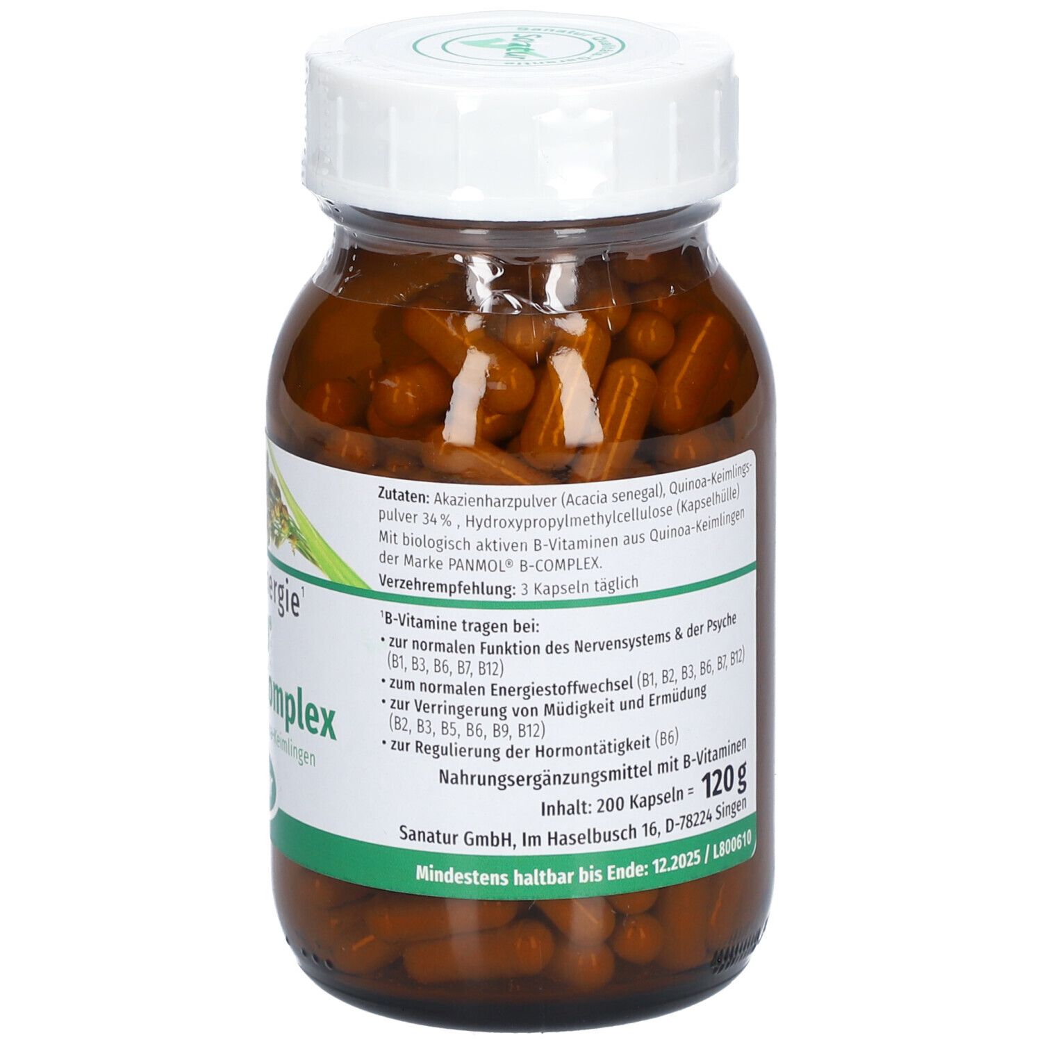 Glasflasche mit braunen Kapseln. Aufschrift: SPIRU® B-Vitamin Complex, 120 g, Sanatur. Zutatenliste und weitere Informationen.