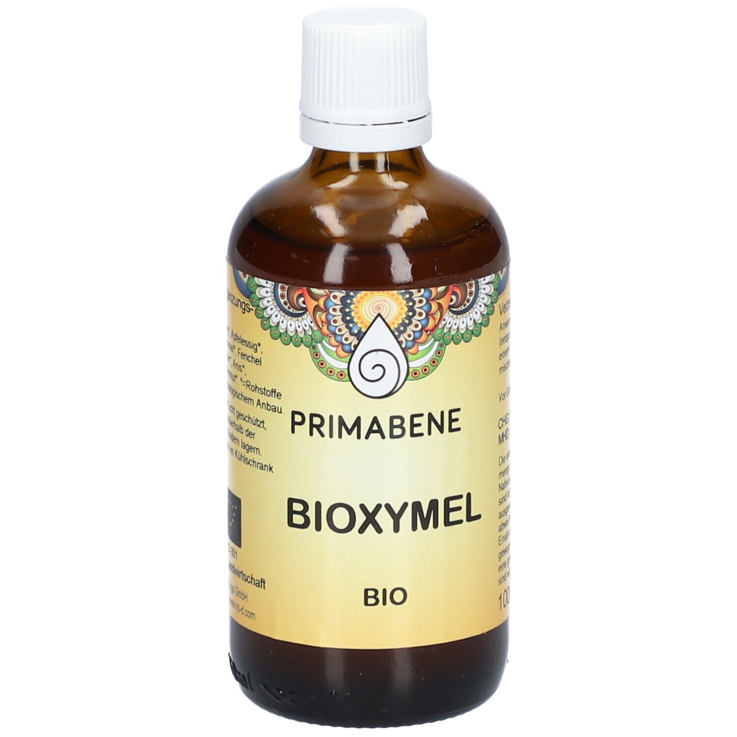 Braune Glasflasche mit weißem Deckel. Auf dem Etikett steht PRIMABENE Bioxymel BIO.