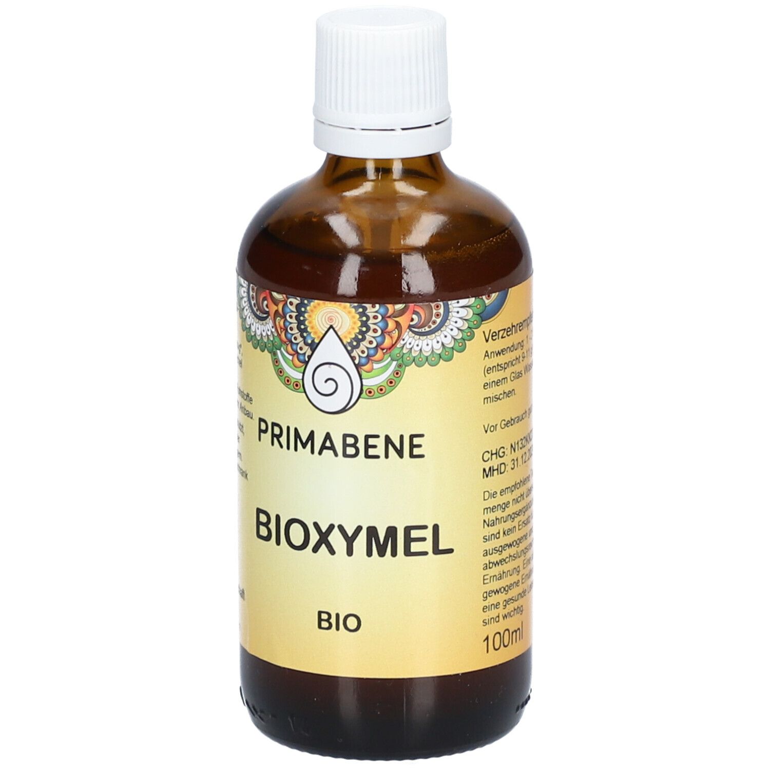 Braune Glasflasche mit weißem Deckel. Etikett mit PRIMABENE Bioxymel BIO und 100ml.