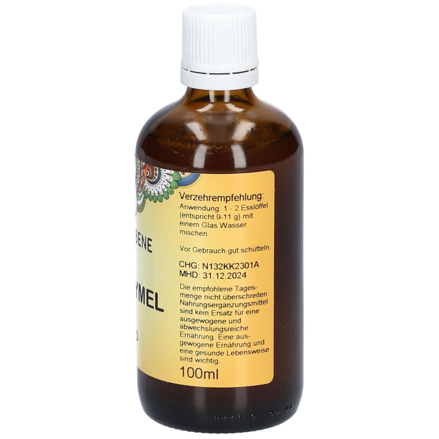 Braune Glasflasche mit weißem Deckel. Etikett mit PRIMABENE Bioxymel BIO, 100ml und Anwendungshinweis.