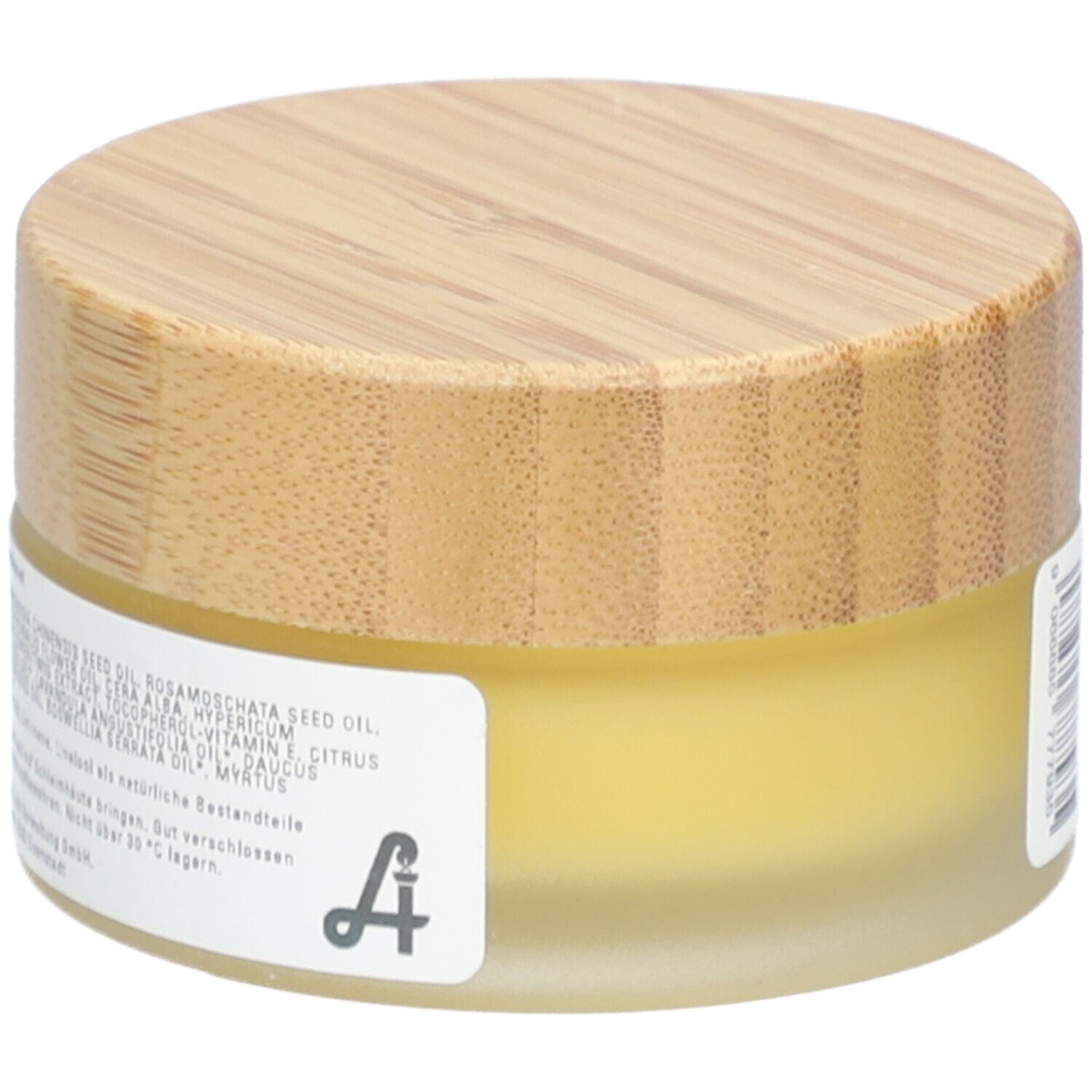 Runde Dose mit Holzdeckel. Aufkleber mit Inhaltsstoffen. "Essenz Narbensalbe".