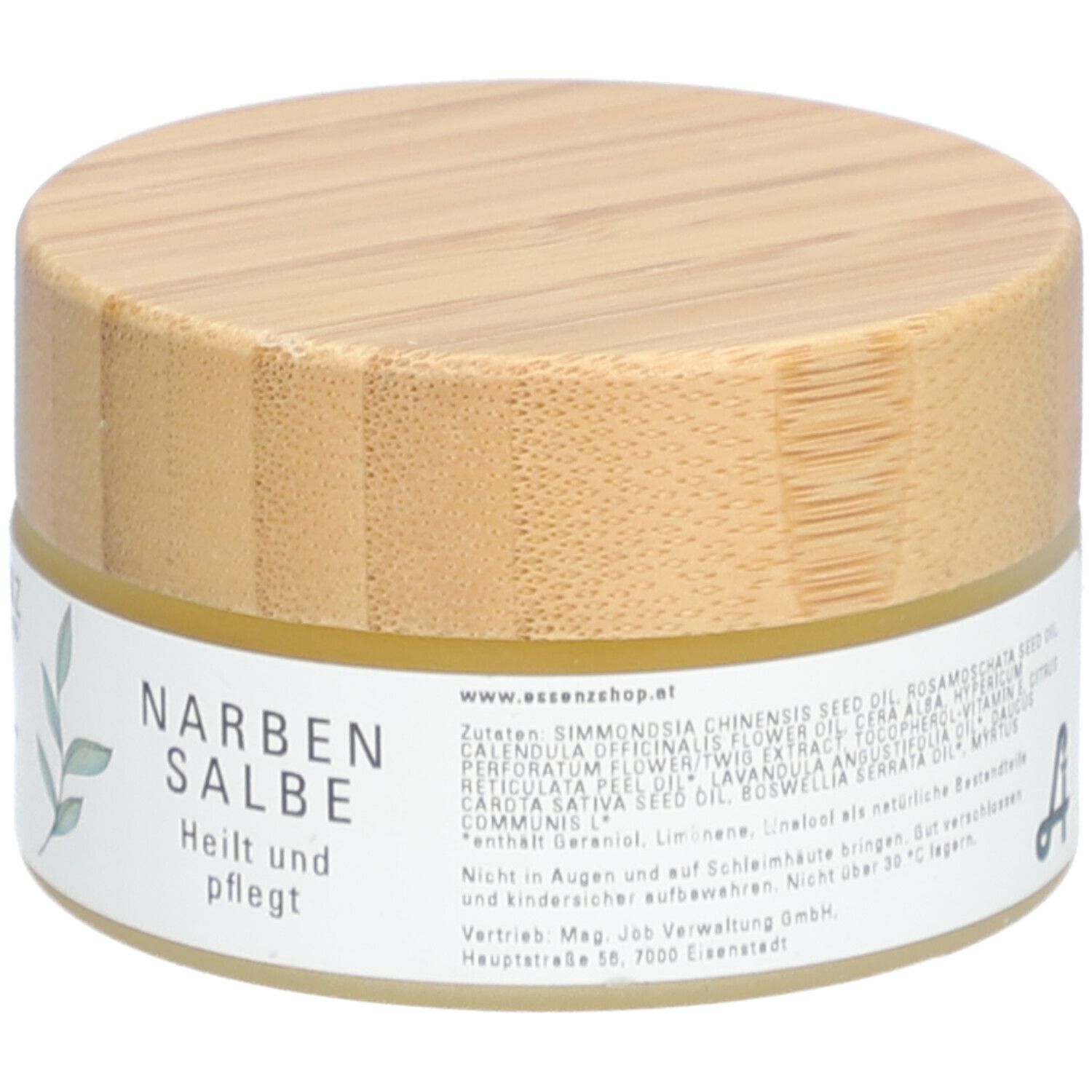 Runde Dose mit Holzdeckel. Aufkleber mit "Essenz Narbensalbe". Text und Inhaltsstoffe.