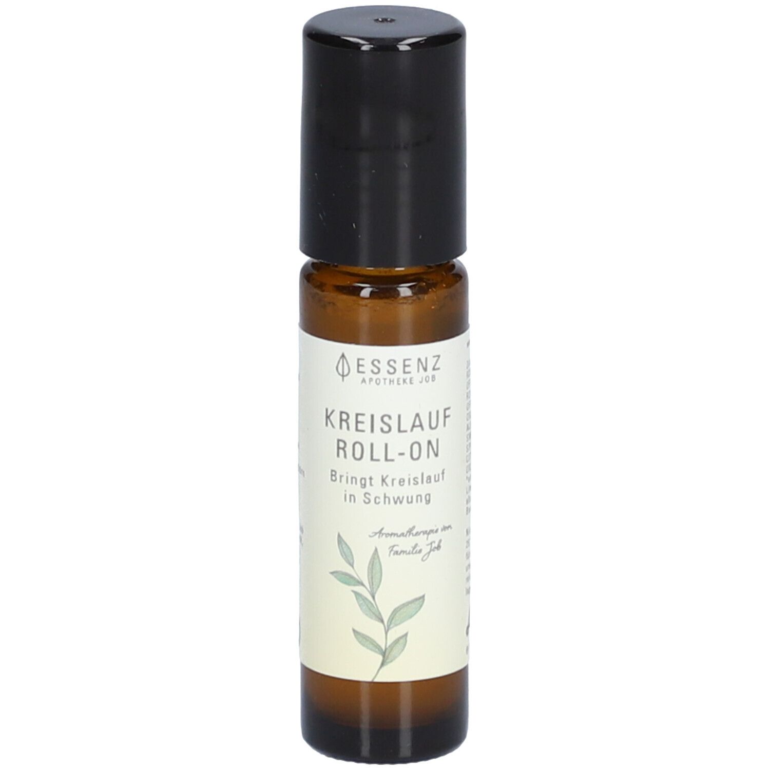 Braune Glasflasche mit schwarzem Deckel. Aufschrift: ESSENZ, Kreislauf Roll-On. Mit floralem Design.