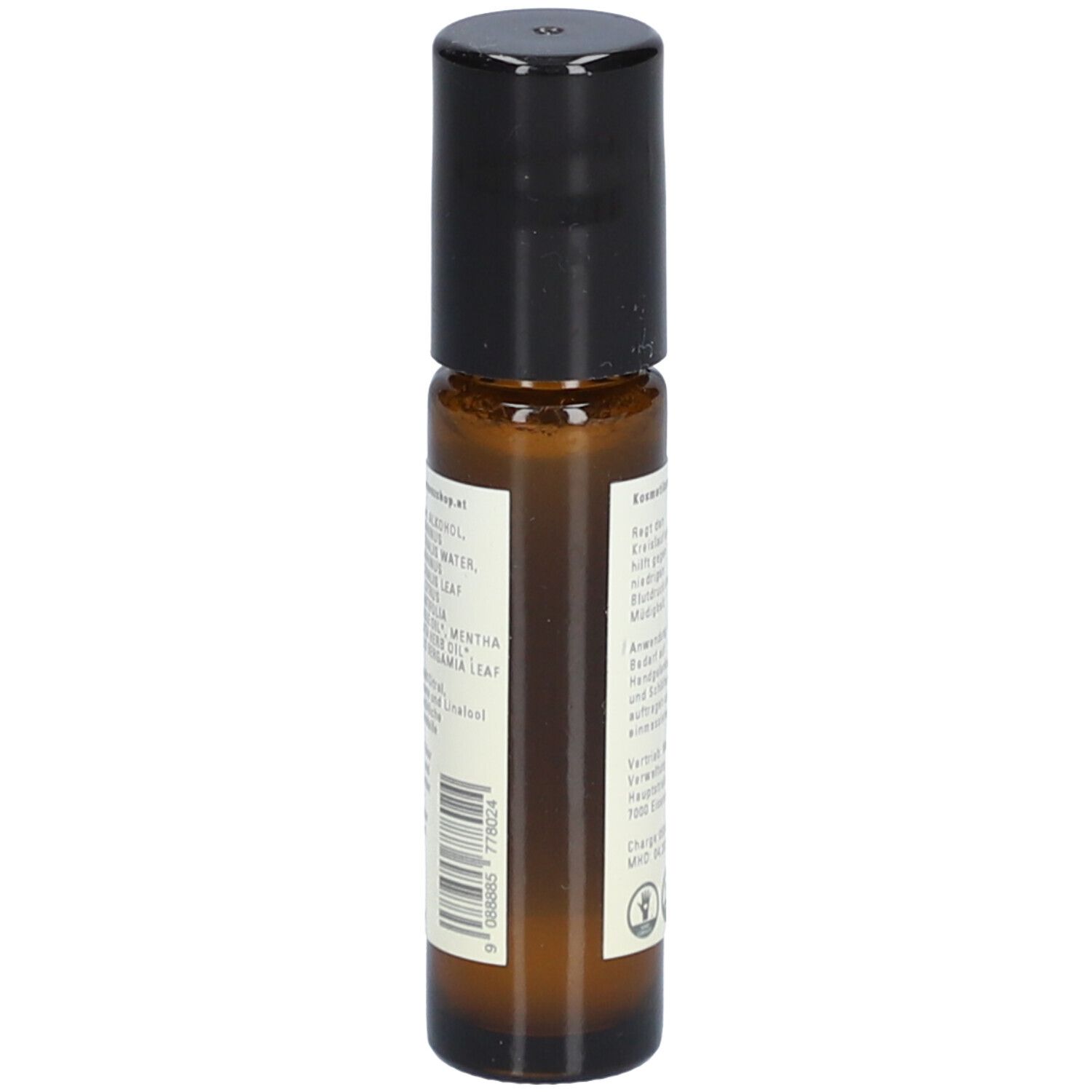 Braune Glasflasche mit schwarzem Deckel. Rückseite mit Inhaltsstoffen und Barcode.