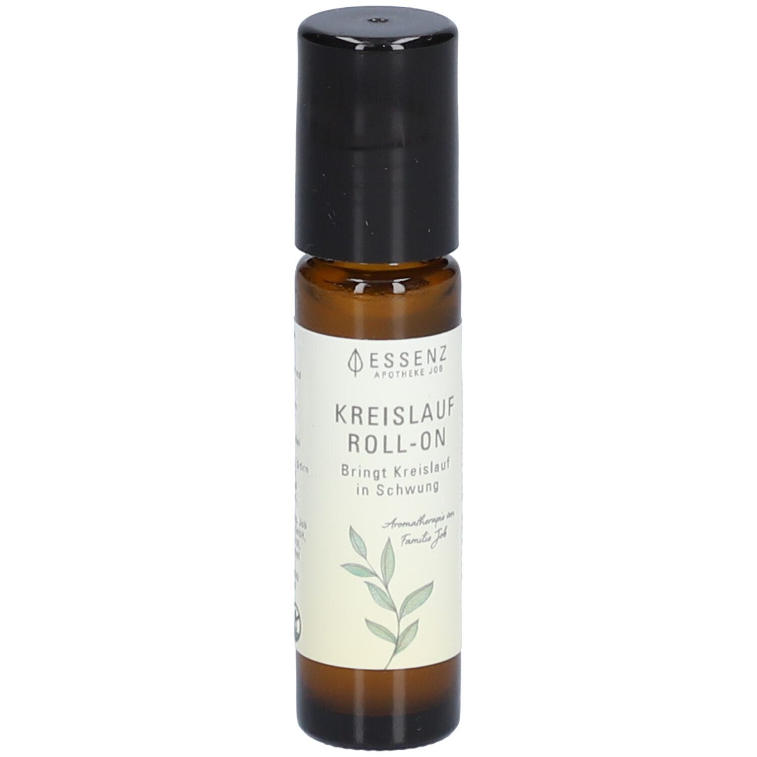 Braune Glasflasche mit schwarzem Deckel. Aufschrift: ESSENZ, Kreislauf Roll-On. Mit floralem Design.
