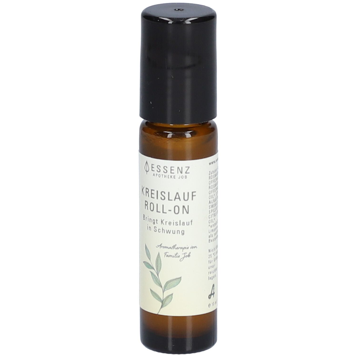 Braune Glasflasche mit schwarzem Deckel. Aufschrift: ESSENZ, Kreislauf Roll-On. Mit floralem Design.
