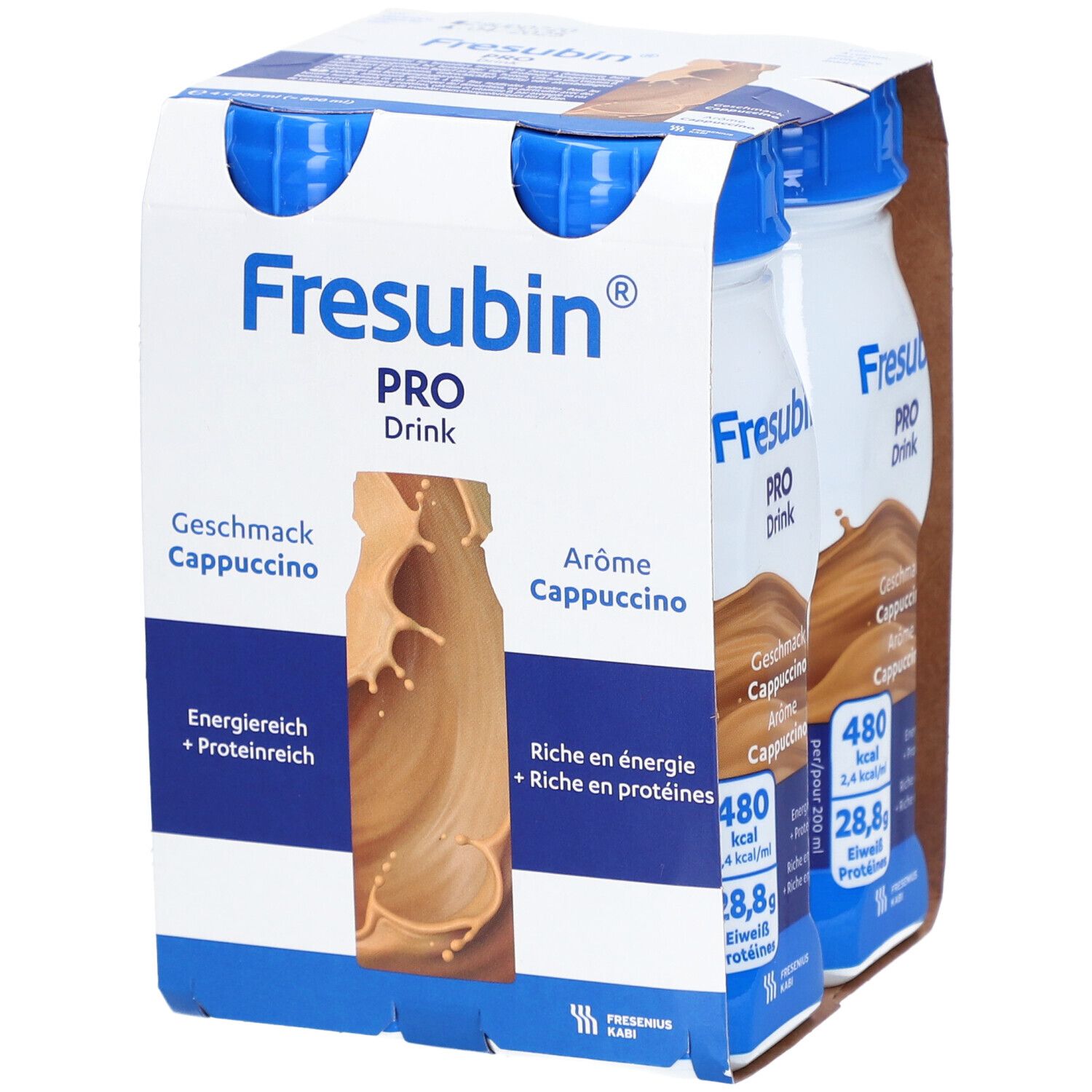 Verpackung mit vier Flaschen Fresubin Pro Drink Cappuccino. Aufdrucke: Geschmack, energiereich, proteinreich.