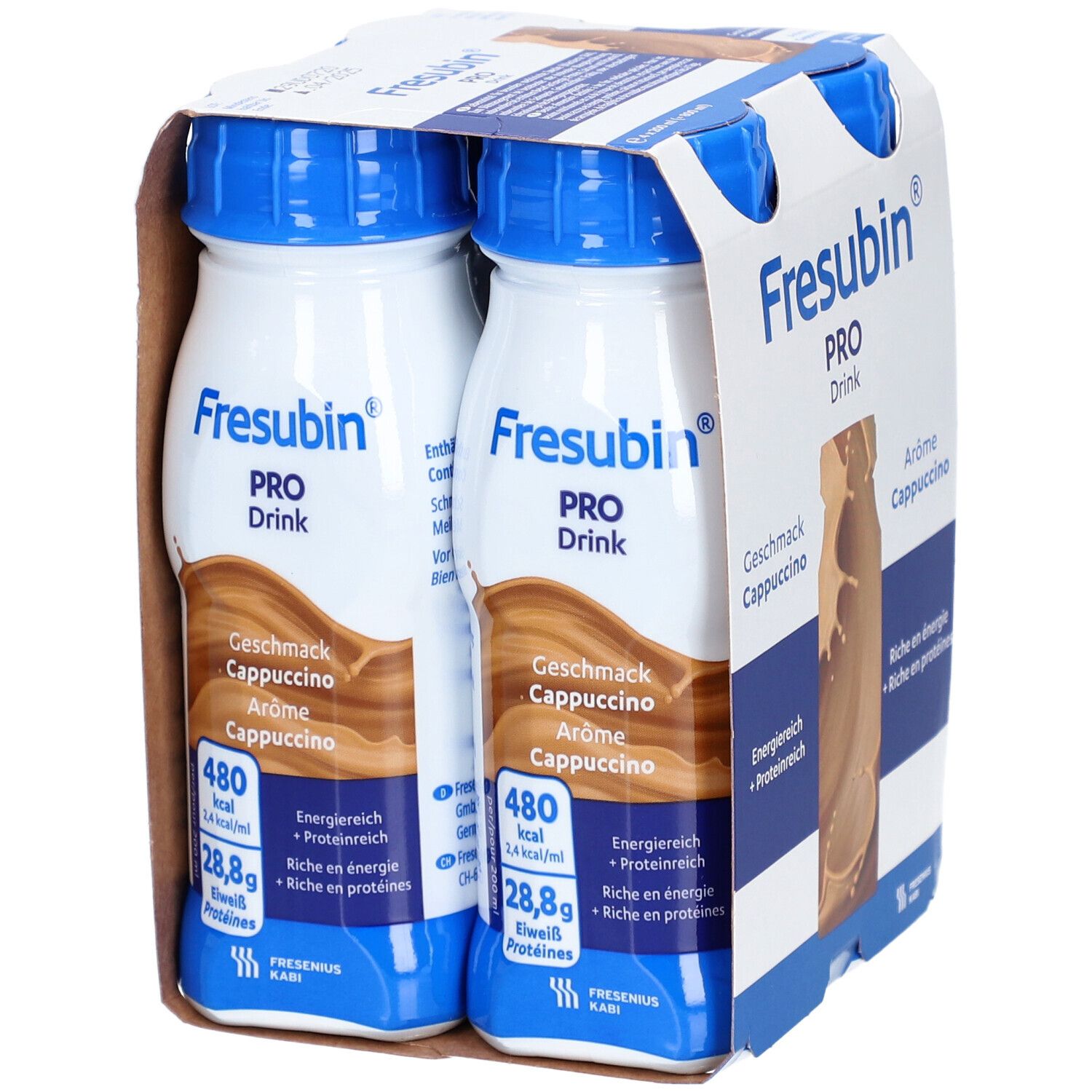 Zwei Flaschen Fresubin Pro Drink Cappuccino in einer Verpackung. Aufdrucke: Geschmack, energiereich, proteinreich.
