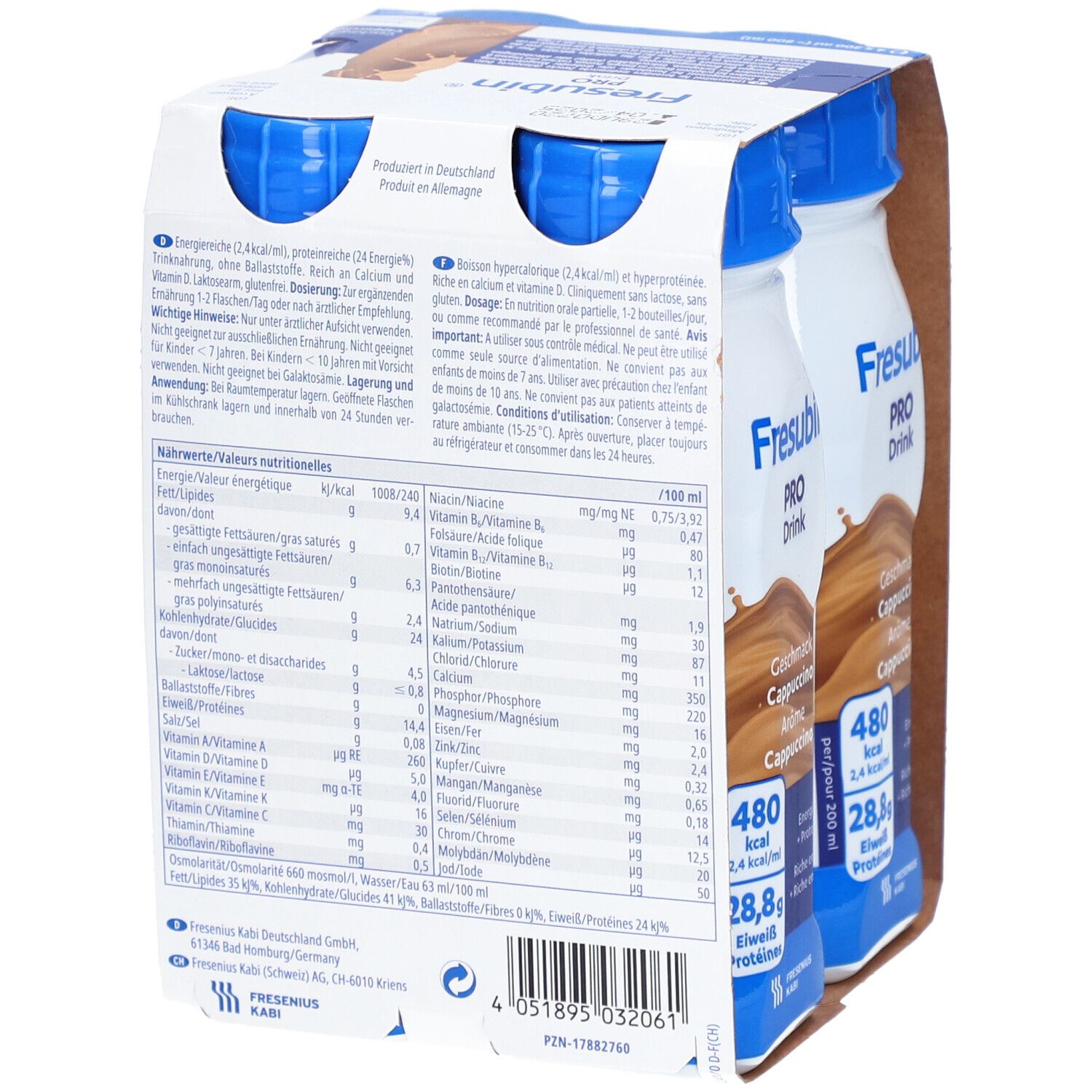 Rückseite einer Verpackung mit Fresubin Pro Drink Cappuccino. Enthält Nährwertangaben und Produktinformationen.