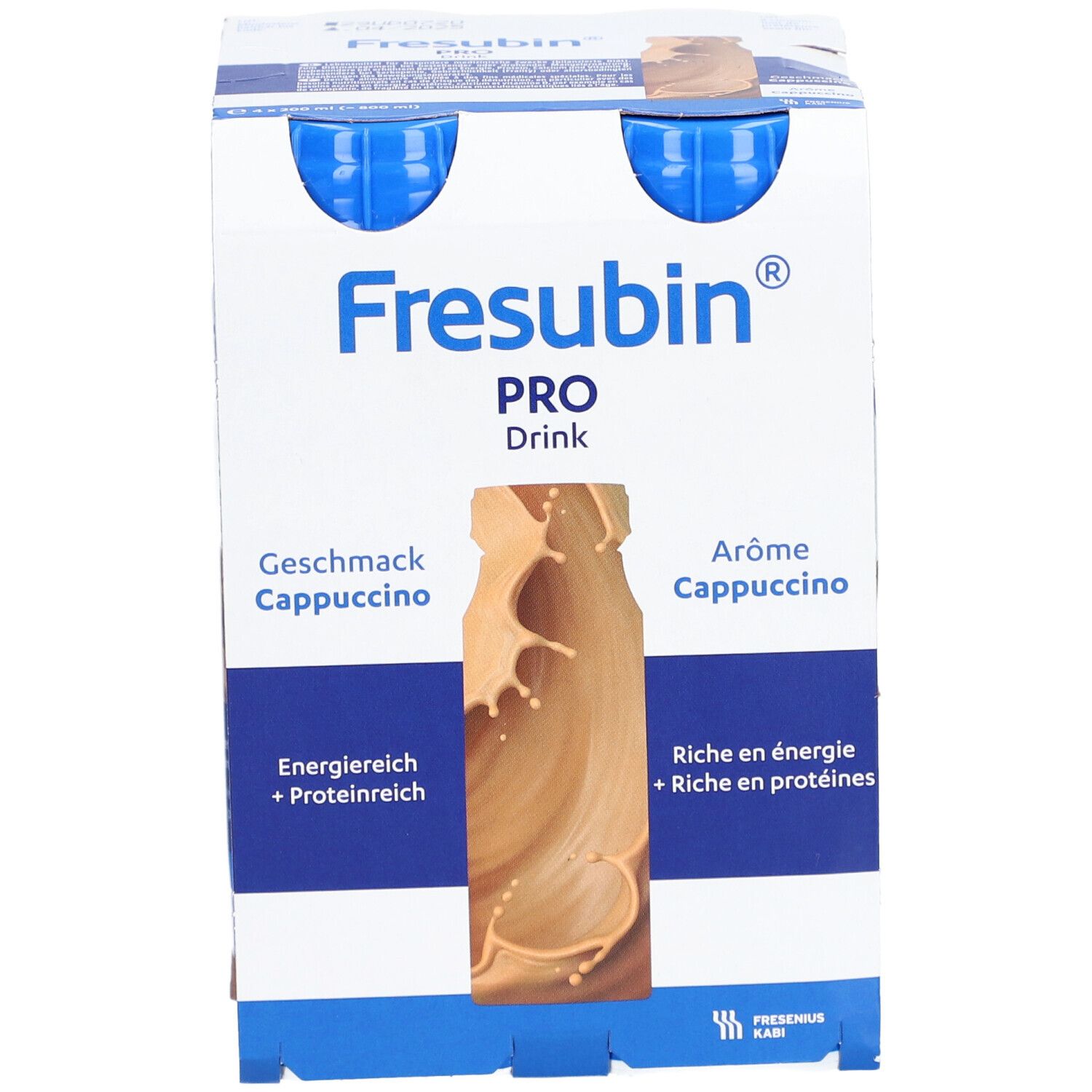 Verpackung mit einer Flasche Fresubin Pro Drink Cappuccino. Aufdrucke: Geschmack, energiereich, proteinreich.