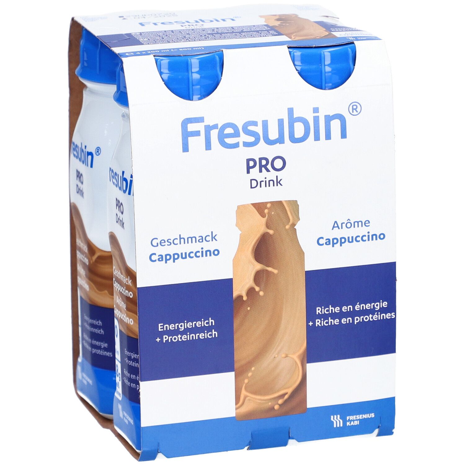 Verpackung mit drei Flaschen Fresubin Pro Drink Cappuccino. Aufdrucke: Geschmack, energiereich, proteinreich.