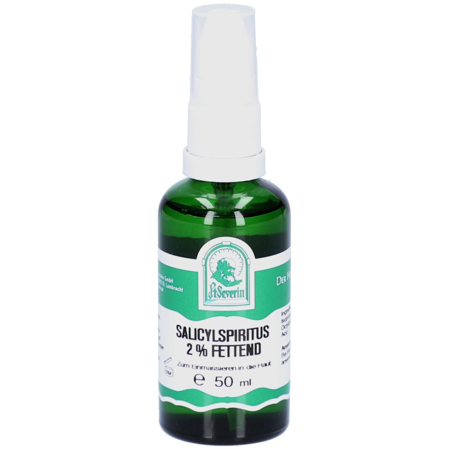 Grüne Glasflasche mit weißem Sprühkopf. Beschriftung: Salicylspiritus 2% fettend, e 50 ml. Logo: P. Severin.