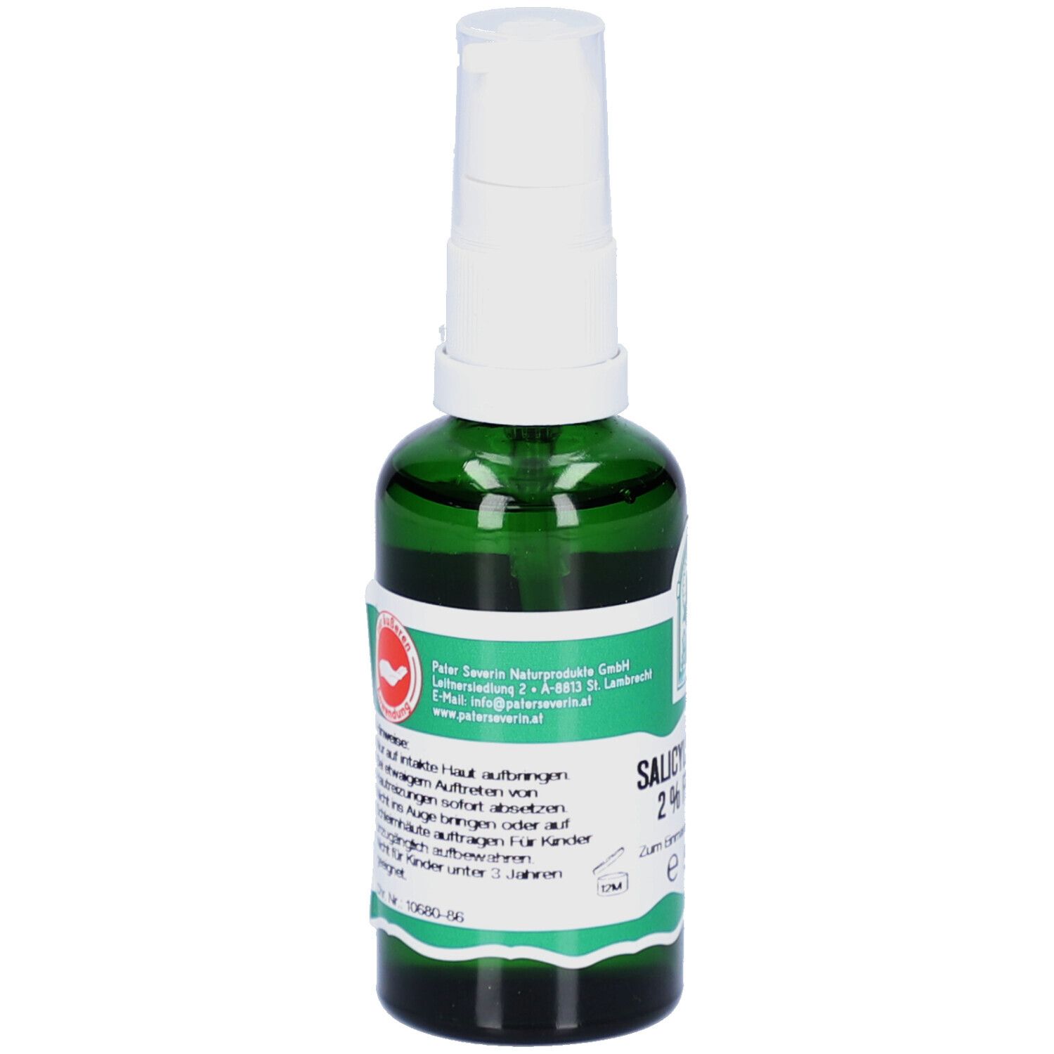 Grüne Glasflasche mit weißem Sprühkopf. Beschriftung: Salicylspiritus 2% fettend. Logo: P. Severin. Text und rotes Siegel.