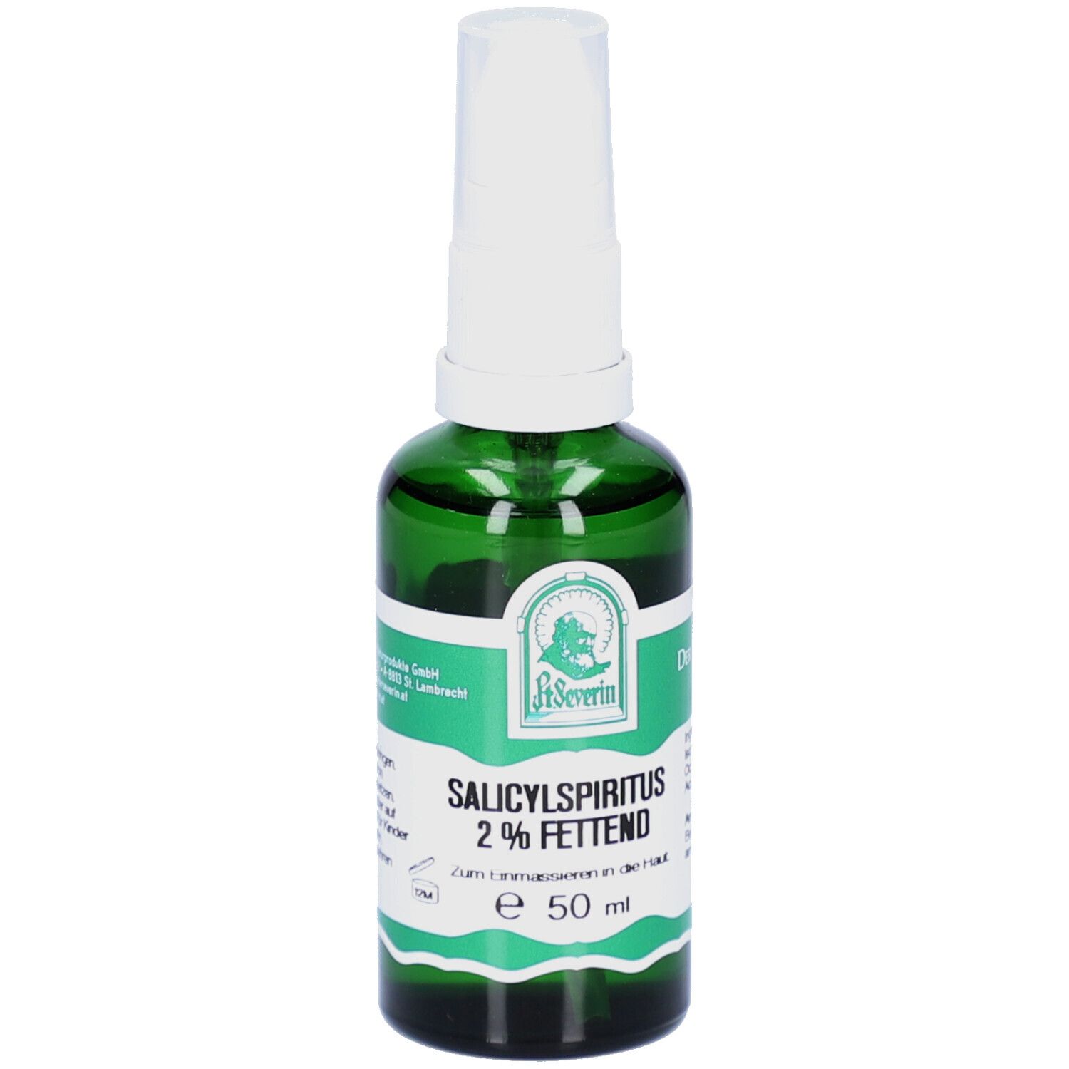 Grüne Glasflasche mit weißem Sprühkopf. Beschriftung: Salicylspiritus 2% fettend, e 50 ml. Logo: P. Severin.