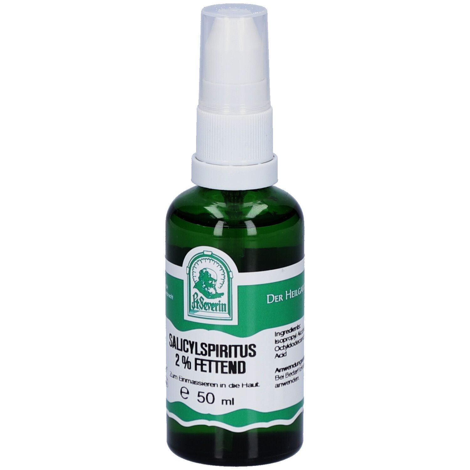 Grüne Glasflasche mit weißem Sprühkopf. Beschriftung: Salicylspiritus 2% fettend, e 50 ml. Logo: P. Severin.