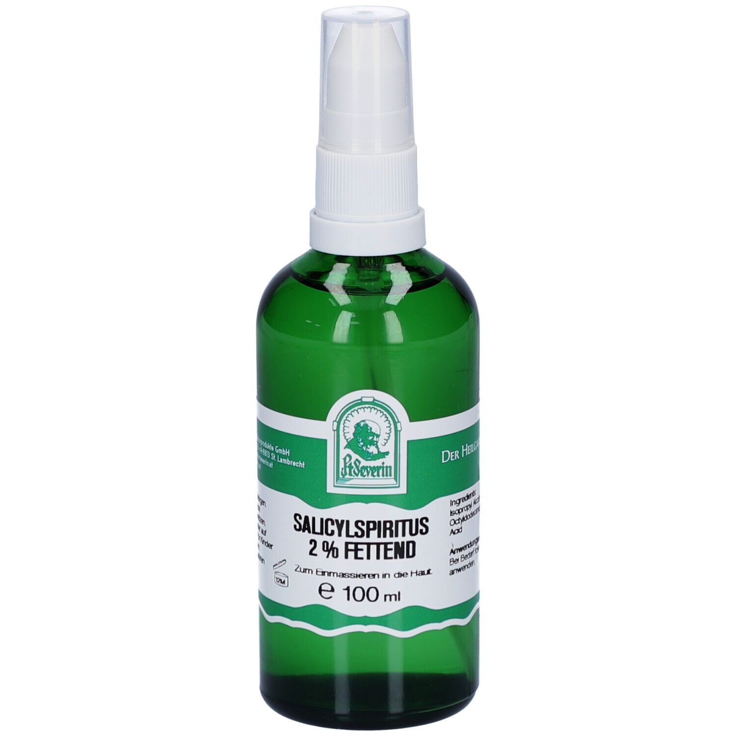 Grüne Glasflasche mit weißem Deckel. Etikett mit Produktnamen und Logo. Enthält Salicylspiritus 2% fettend.