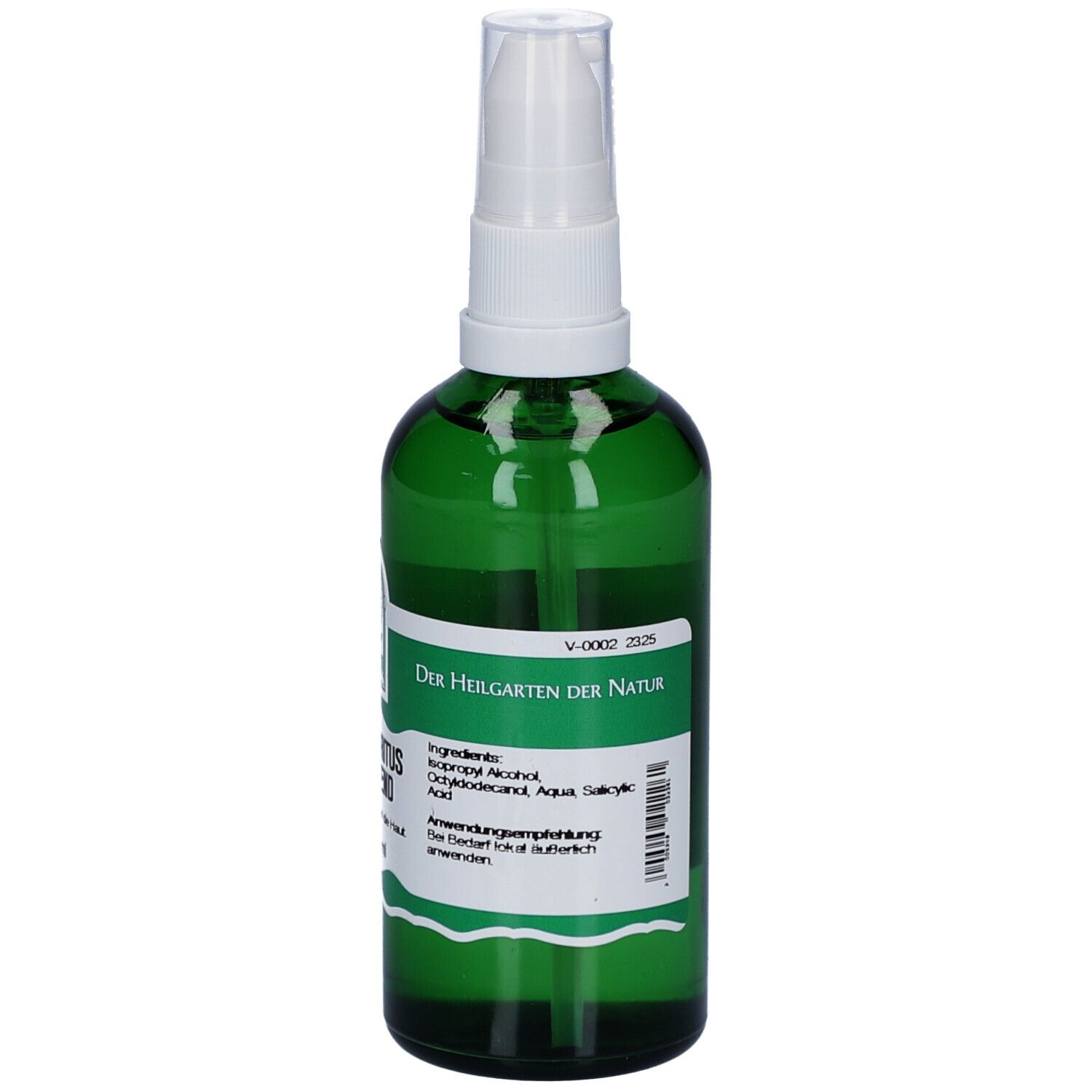 Grüne Glasflasche mit weißem Deckel. Etikett mit Produktnamen, Logo und Inhaltsstoffen.