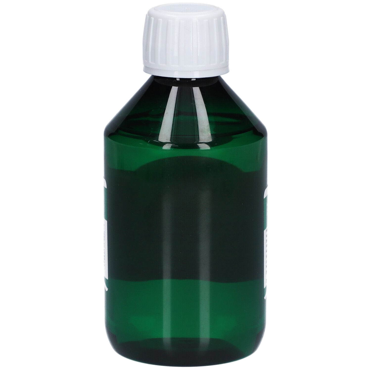 Grüne Flasche mit weißem Verschluss. Etikett mit Produktinformationen.