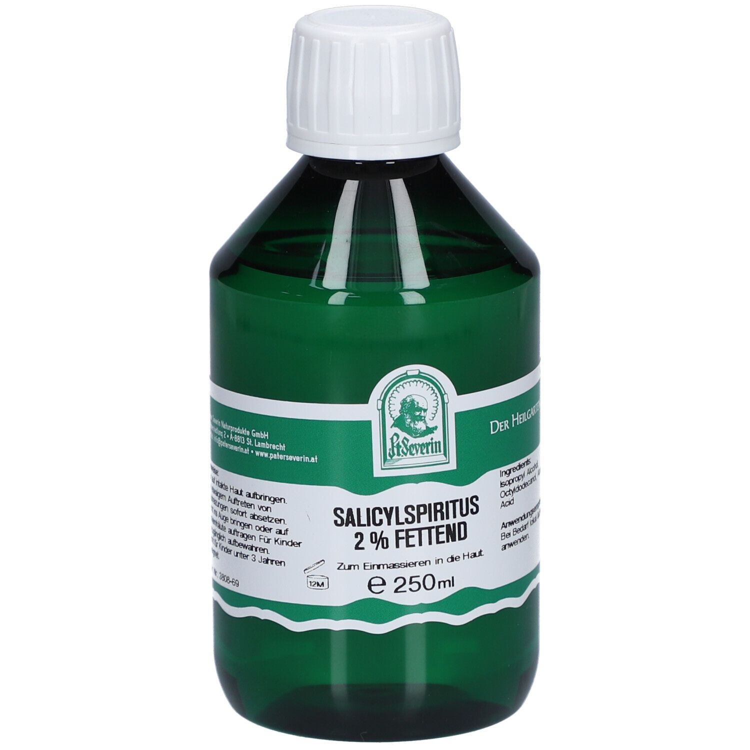 Grüne Flasche mit weißem Verschluss. Aufschrift: Salicylspiritus 2% FETTEND. Etikett mit Produktinformationen.
