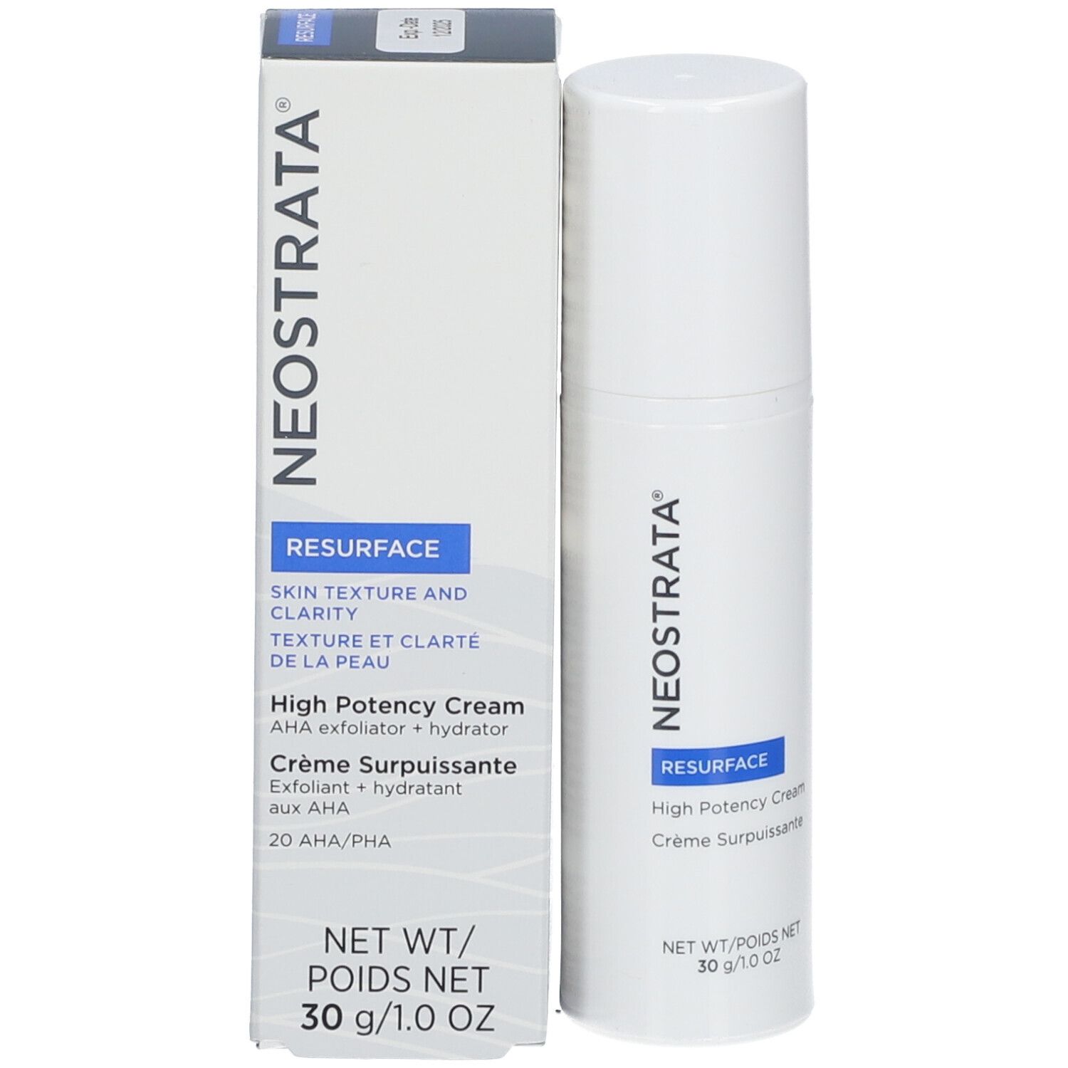 Weiße Flasche und Karton. Aufschrift: NeoStrata, Resurface, High Potency Cream. 30 g/1.0 oz.