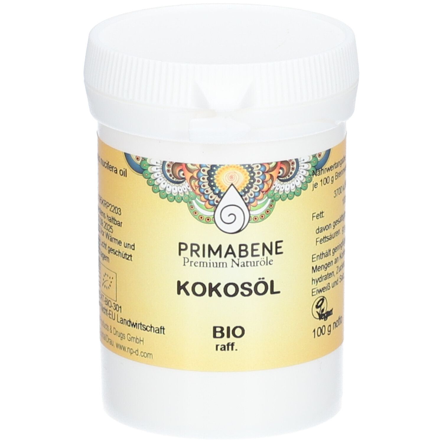 Weißer Tiegel mit Deckel. Aufkleber mit Produktinformationen: PRIMABENE Kokosöl BIO raffiniert, EU-Bio-Logo.